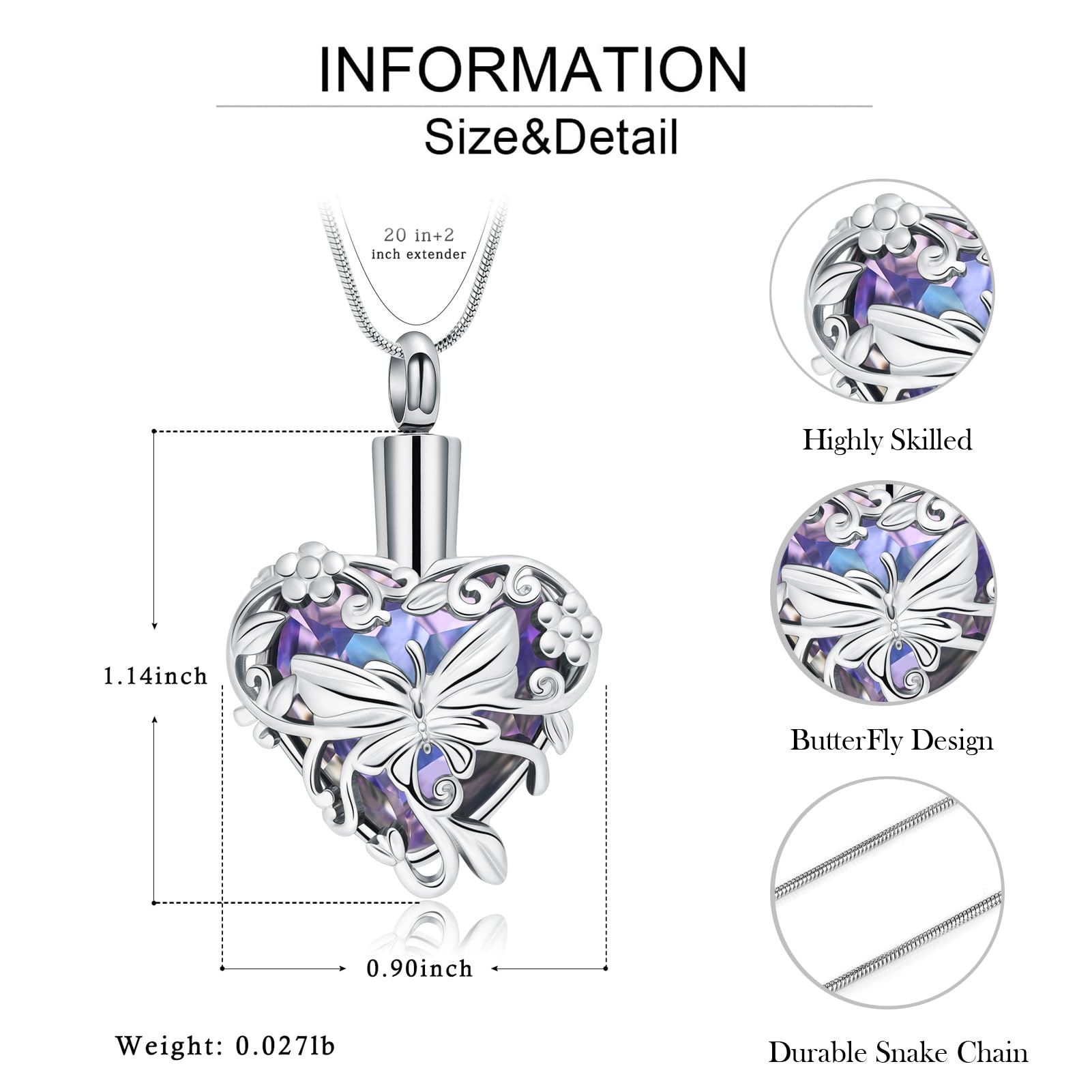 zeqingjw Butterfly Urn Necklaces for Ashes Urn Jewelry for Human Pet Ashes for Women Heart Cremation Necklace for Ashes