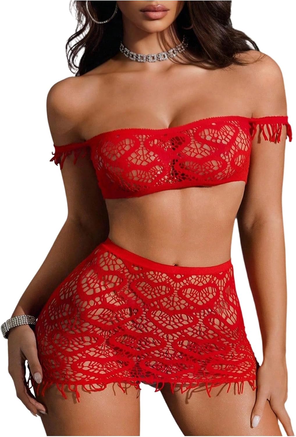 Milumia Women's 2 Piece Lingerie Set Heart Hollow Out Off The Shoulder Crop Top and Mini Skirt Sets
