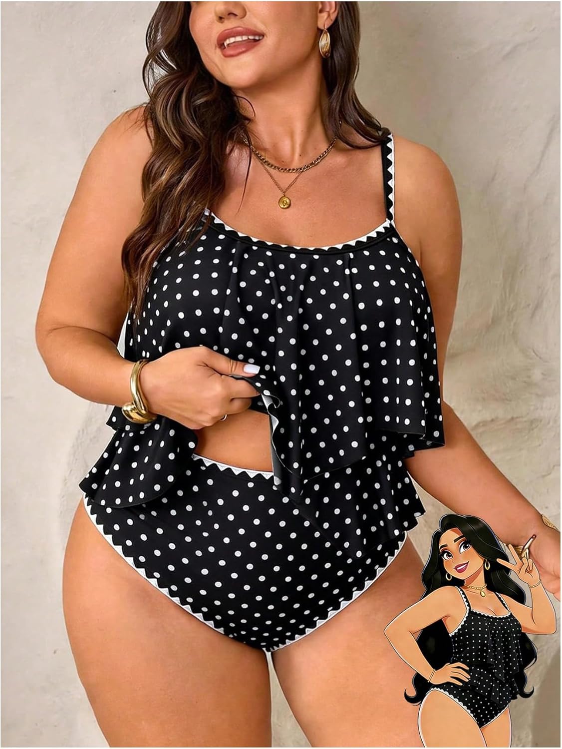 Verdusa Women's Plus Size 2 Piece Tankini Swimsuits Bikini Sets Contrast Trim Ruffle Layered Cami Top with Panty