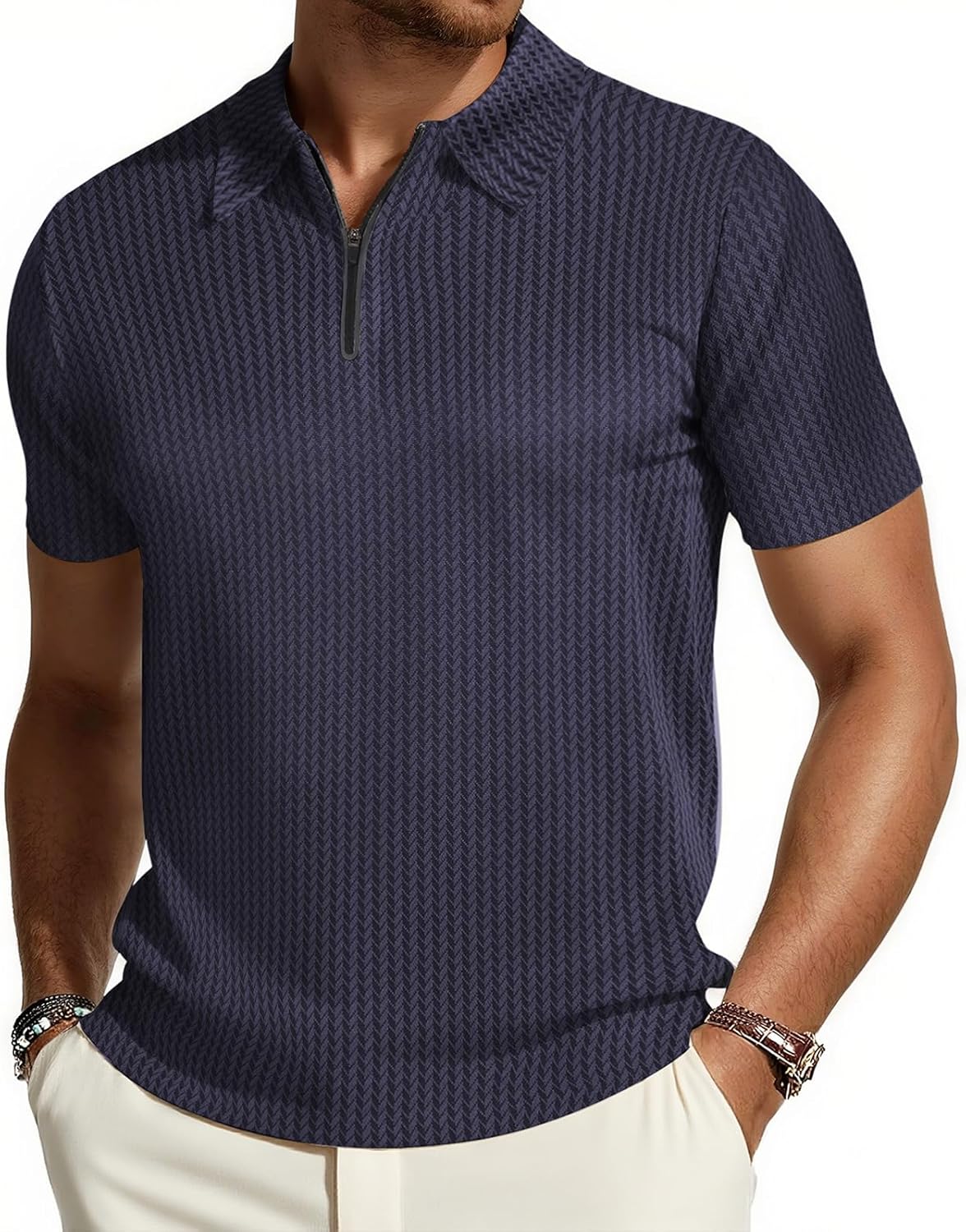 Ecosunny Men's Polo Shirts Short Sleeve Zipper Textured Knit Casual Polos T-Shirt Regular Fit Vacation Golf Shirt - Image 4