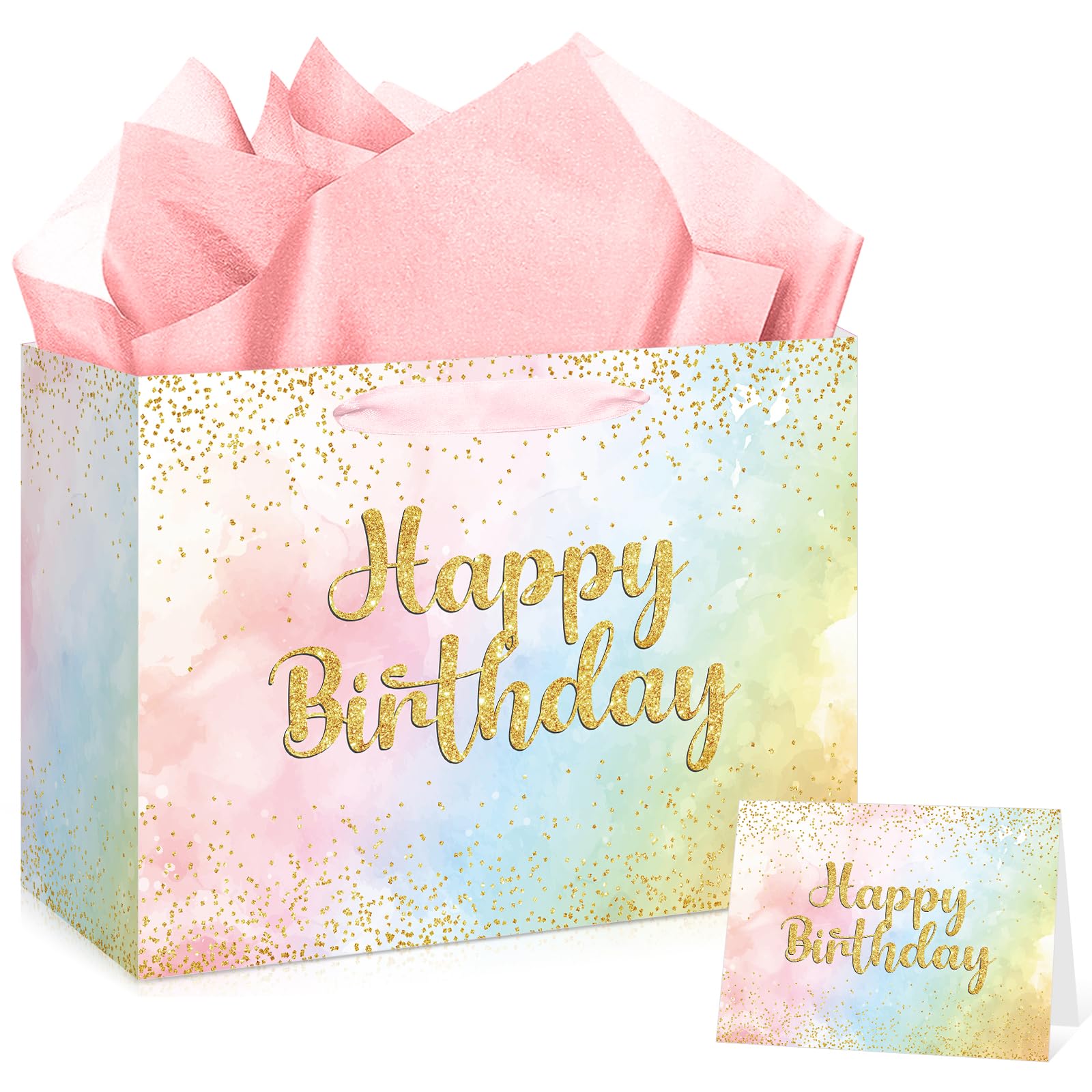 Pastel Birthday Gift Bag for Girls Women Pink Watercolor Happy Birthday Bag with Wrapping Paper Card Gold Glitter Rainbow Pastels Paper Bag for Kids Colorful Bday Party Supplies