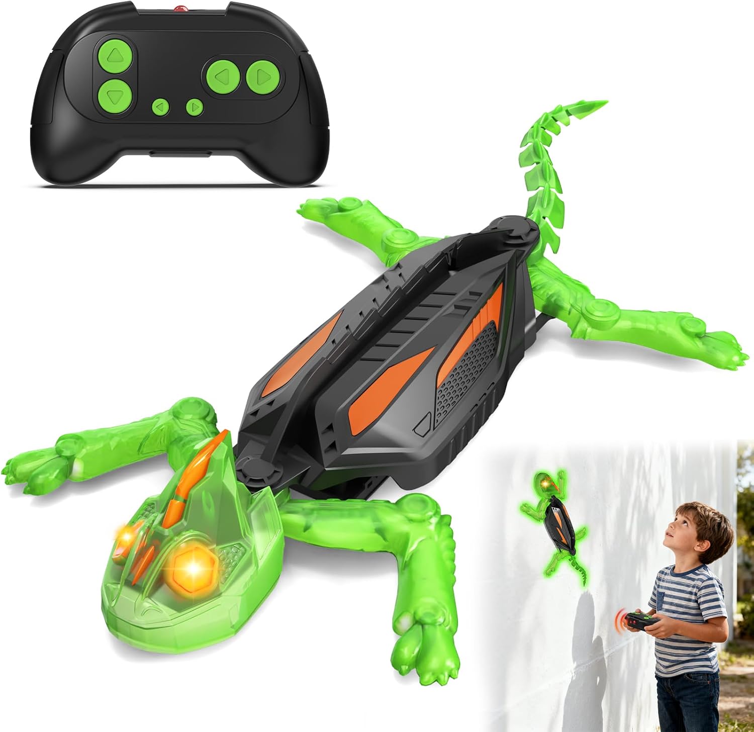 Glow-in-The-Dark Wall-Climbing Gecko Toy, Rechargeable Remote Control Lizard with LED Eyes, Lizard Wall Crawler, 360° Rotating & Dual-Surface Crawler for Floor and Wall,Gift for Kids Ages 3+,Birthday
