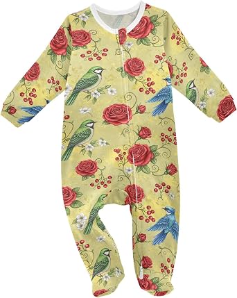 Baby Onesie Long Sleeve Romper Cotton One Piece Footies Floral Birds Roses Berries Jumpsuits Sets 0-24M