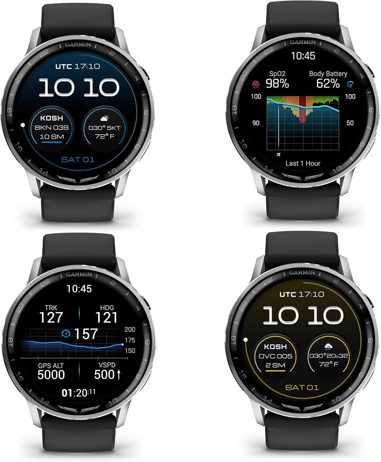 Garmin D2 Air X15 Aviation Smartwatch, AMOLED Touchscreen, GPS Direct-to Navigation, Aviation Weather, Built-in Flashlight, Silver with Black Silicone Band Bundle