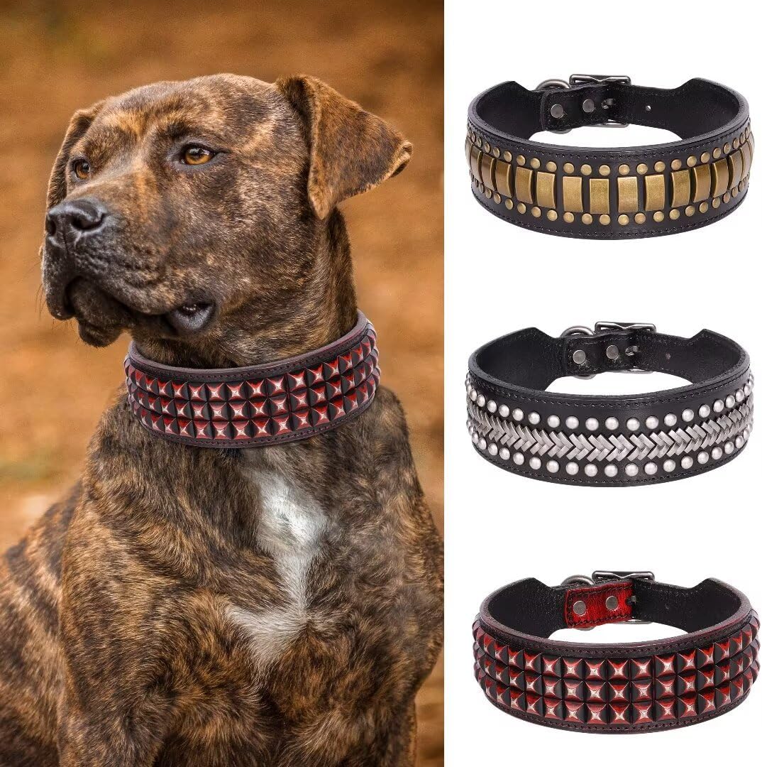 PET ARTIST Soft Leather Dog Collar for Large Dogs, Luxury Genuine Leather Dog Collar with Rivet Studded, 2 inch Wide Heavy Duty Dog Collar Adjustable for Great Dane Rottweiler Fit 18-23"", Red