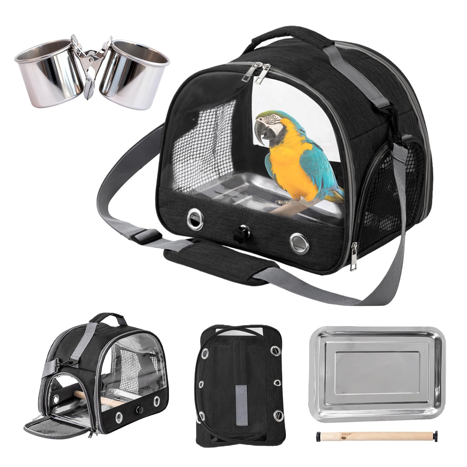 Transportbox Transportbehälter für Vögel: Rucksack für Vögel mit Sitzstange und Edelstahl Bank, leichte Atmungsaktiver Transportbox, Haustier Reisekäfig für Papageien Periquitos (Negro)