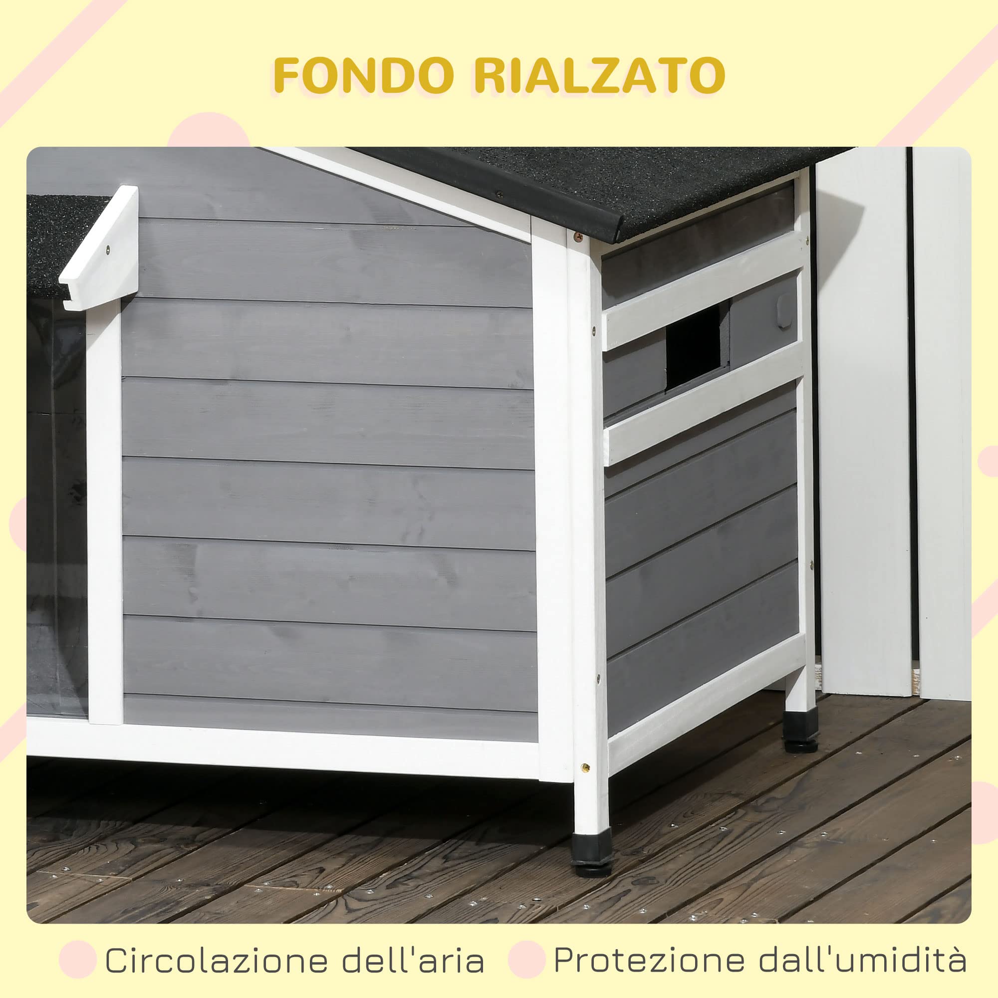 PawHut Casetta per Cani Taglia Piccola e Media in Legno di Abete, Design Rialzato con Tenda Protettiva, 2 Finestre e Fondo Rimovibile, 109x79x72 cm