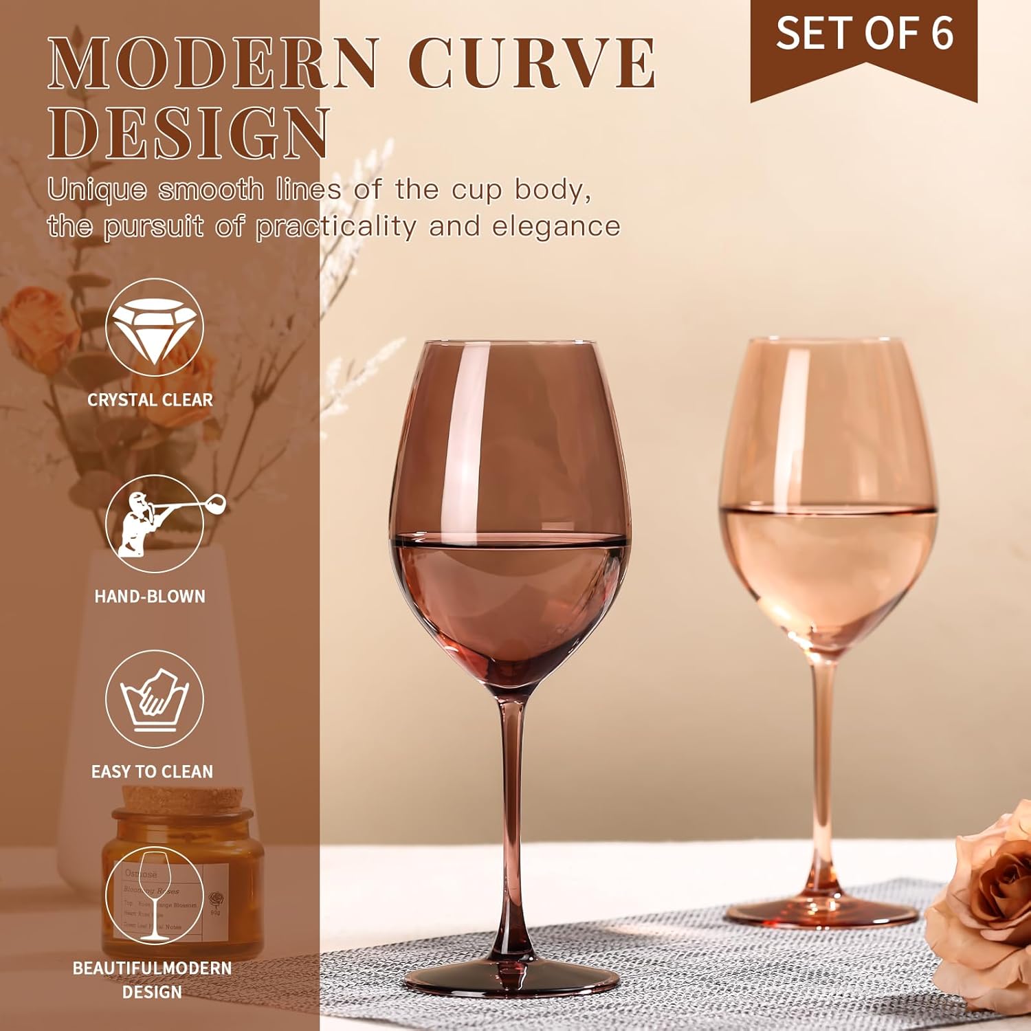 Brown Colored Wine Glass Set of 6-19oz,Hand Blown Crystal Amber Wine Glass with Stems,Melanin Colored Glass Gifts Set for Home,Dinner,Party