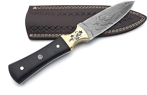 Miniatura 2 de Nooraki DK-340 Cuchillo de hoja fija de acero de Damasco hecho a mano con funda de cuero, cuchillo multiusos de espiga completa con micarta negra y