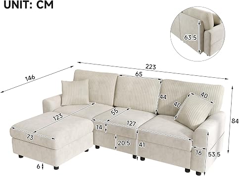 ModernLuxe L Shaped Sofa 3 Seater, Chenille Corner Sofa,Ottoman,Beige