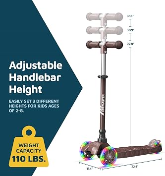 Lifemaster Mini 3-Wheel Kids Scooter with Multi-Color Wheel Lights 4-Height Adjustable Handlebar, Wide Anti-Slip Deck, Child Safety Certified, Boys & Girls Ages 2+ Supports Up to 110 lbs