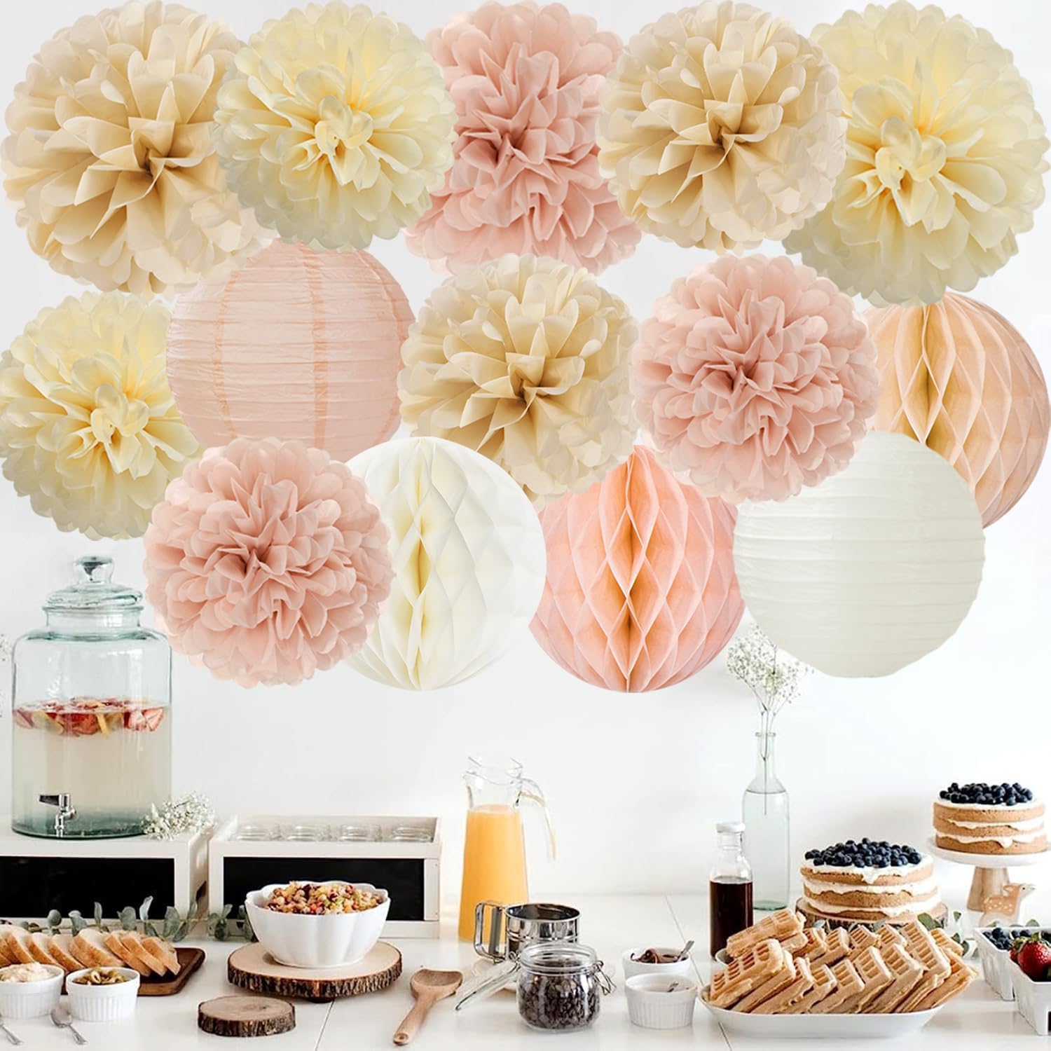 Champagne Beige Paper Flowers Tissue Pom Poms Honeycomb Lanterns 15pcs Party Decorations for Boho Fall Rustic Birthday Baby Shower Neutral Autumn Wedding Bridal Hanging Decor Mprocherify - Image 6