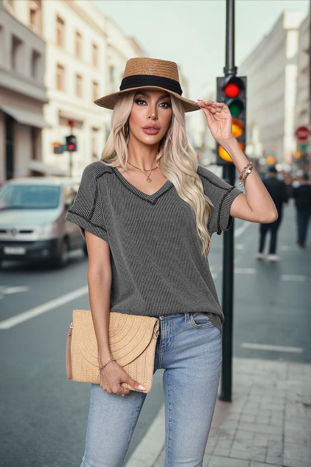 levaca Womens Summer Tops V Neck Cap Short Sleeve Ribbed Tshirts Business Casual Loose Fit Basic Tees Trendy Tunics Clothes - Image 2