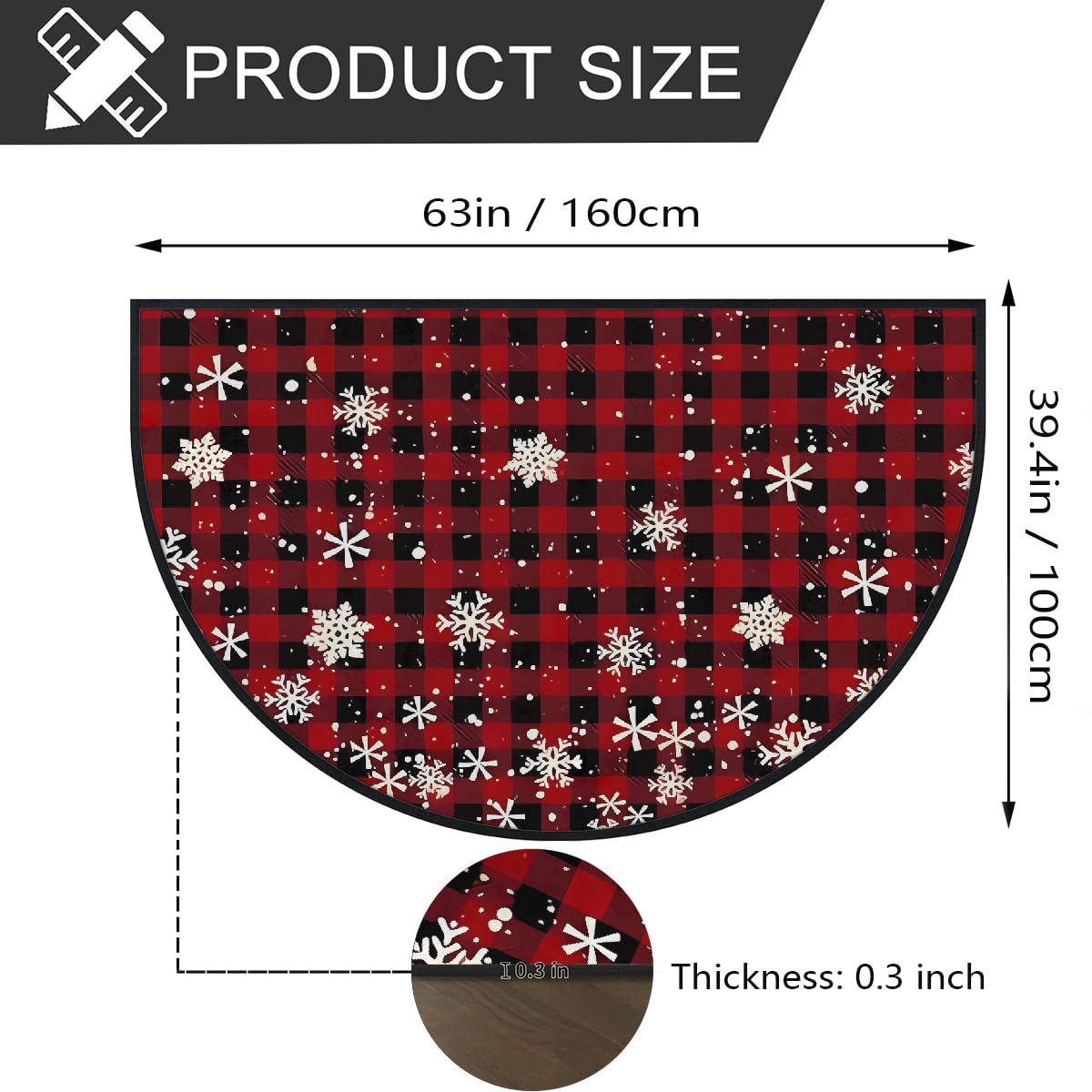 Mexpekil Paillasson de Noël en demi-lune pour intérieur et extérieur - Motif carreaux rouges - Demi cercle - Absorbant la saleté - 100 x 160 cm