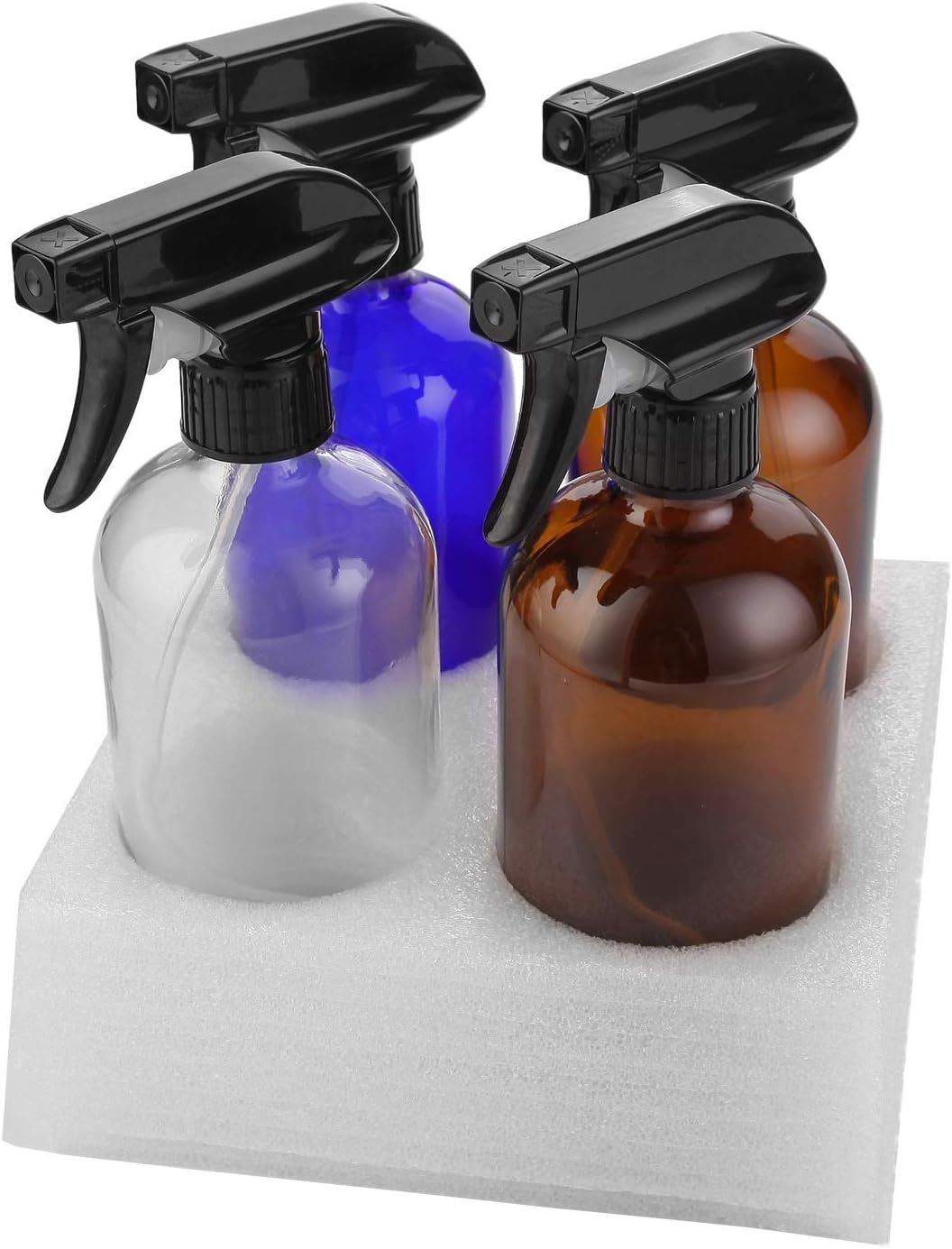 Empty Glass Spray Bottles 16oz for Cleaning, Plants, Pets, Essential Oils, Air Freshener, Durable Black Trigger Sprayer with Stream and Mist Settings (Amber+Blue+Clear, 16oz(Pack of 4))