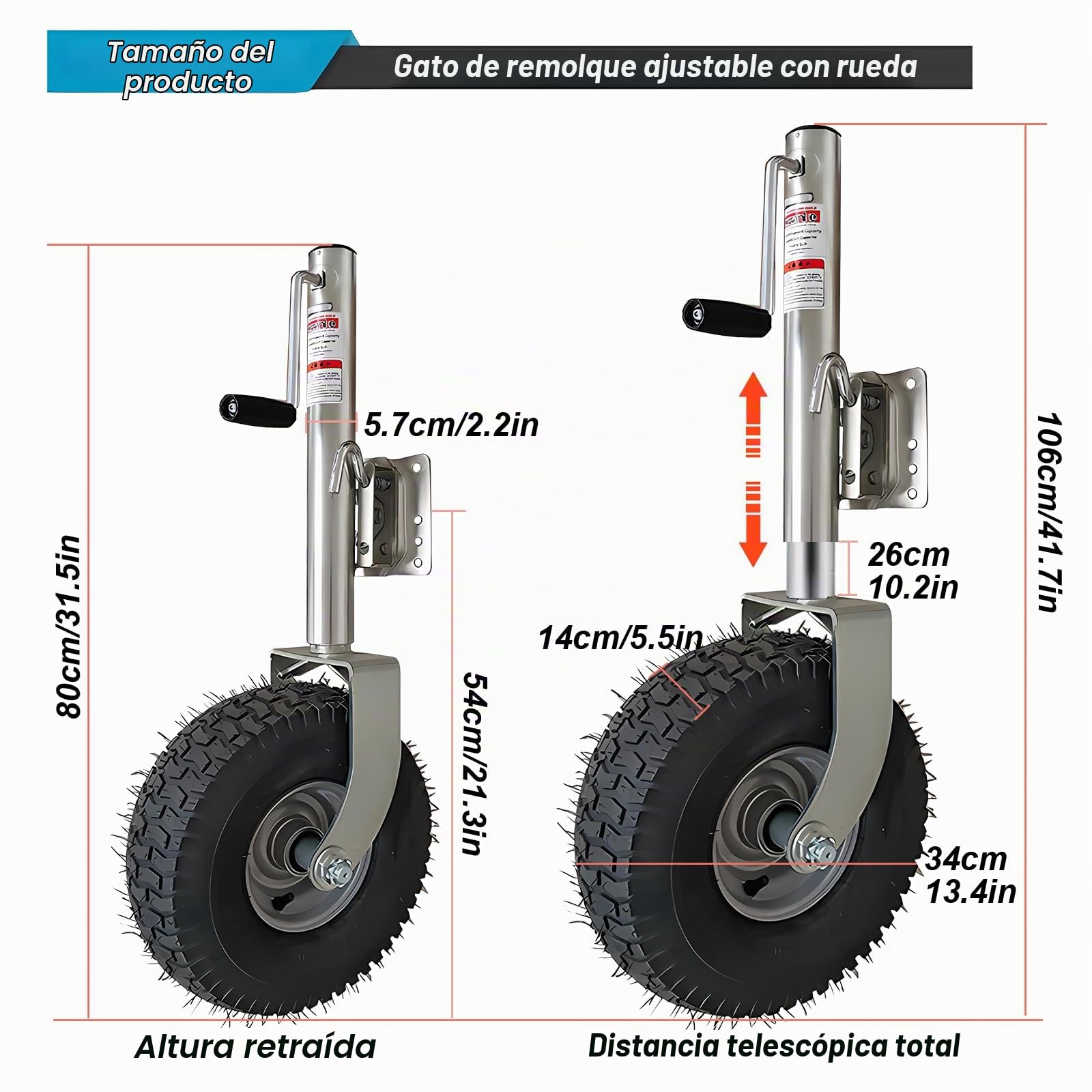 Rueda de Apoyo para Remolque 900 kg, Tubo de 57 mm, Gato Giratorio de Alta Resistencia, Rueda de Apoyo para RV Barco remolques Caravanas, Autocaravana, Yate (Neumáticos Grandes)