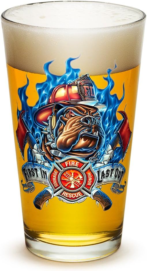 Erazor Bits Firefighter Fireman - First In last out - Classic Premium Beer Pint Glasses 16 Ounce - Set of 24 - Highball Cocktail Mixing Glass - Perfect for Cold Beverages - With Logo