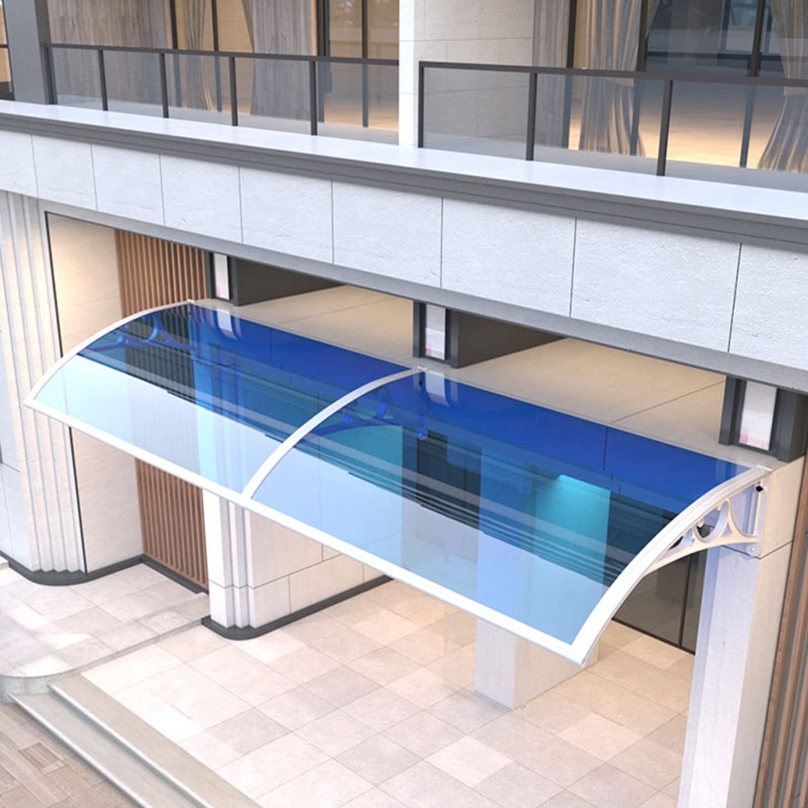 Auvent de fenêtre en polycarbonate avec cadre architectural pour façade moderne