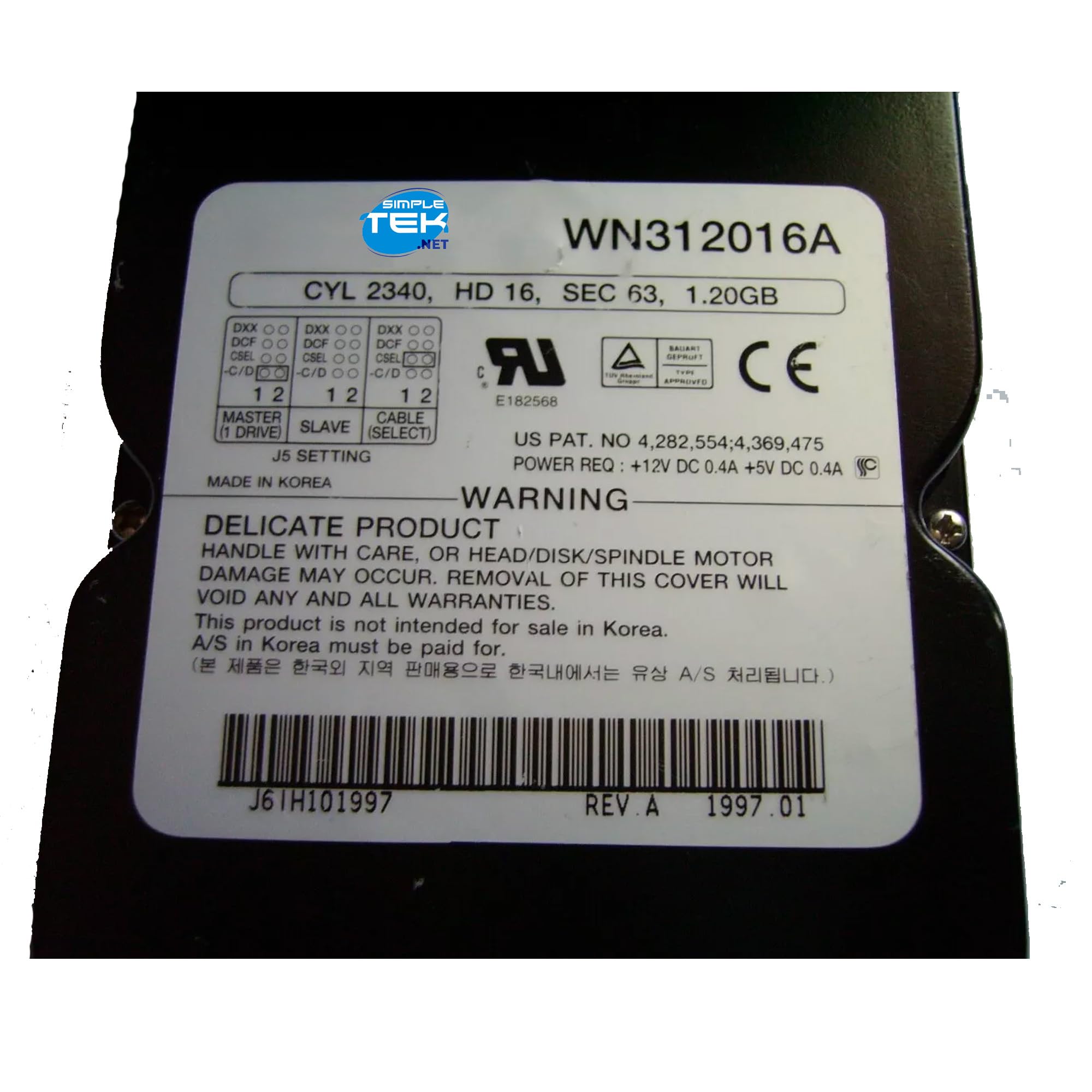 Disco duro HDD 1,2 GB 3,5" IDE PATA EIDE WN312016A Simpletek compatible con Windows 2000 6