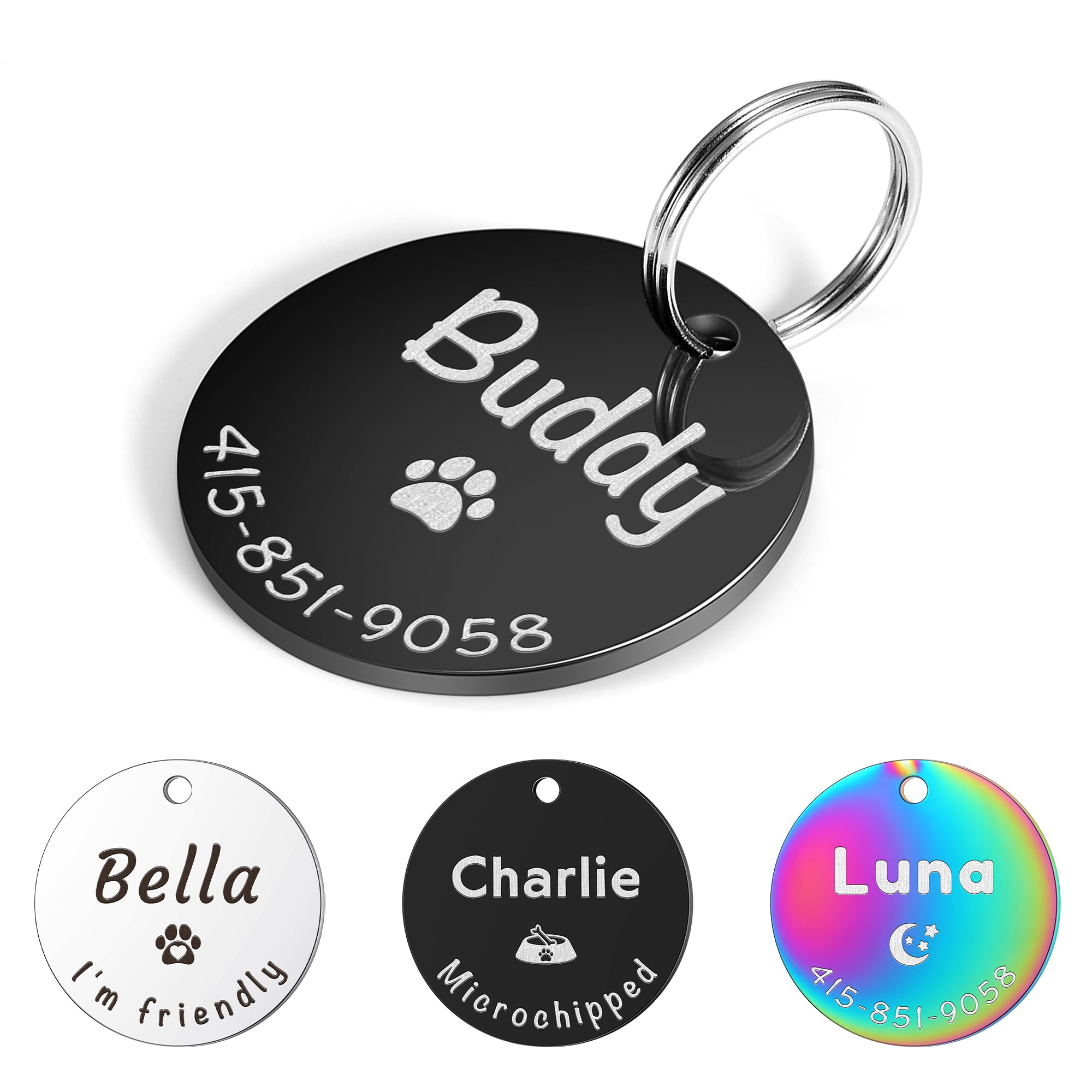 GISUREY Dog Tags Personalized for Dog and Cat, Custom Laser Engraved with Lovely Icons Dog Name Tag, Durable Stainless Steel Dog Id Tag with 4 Sizes Perfect Fit for pet's Collar (Black, XS)
