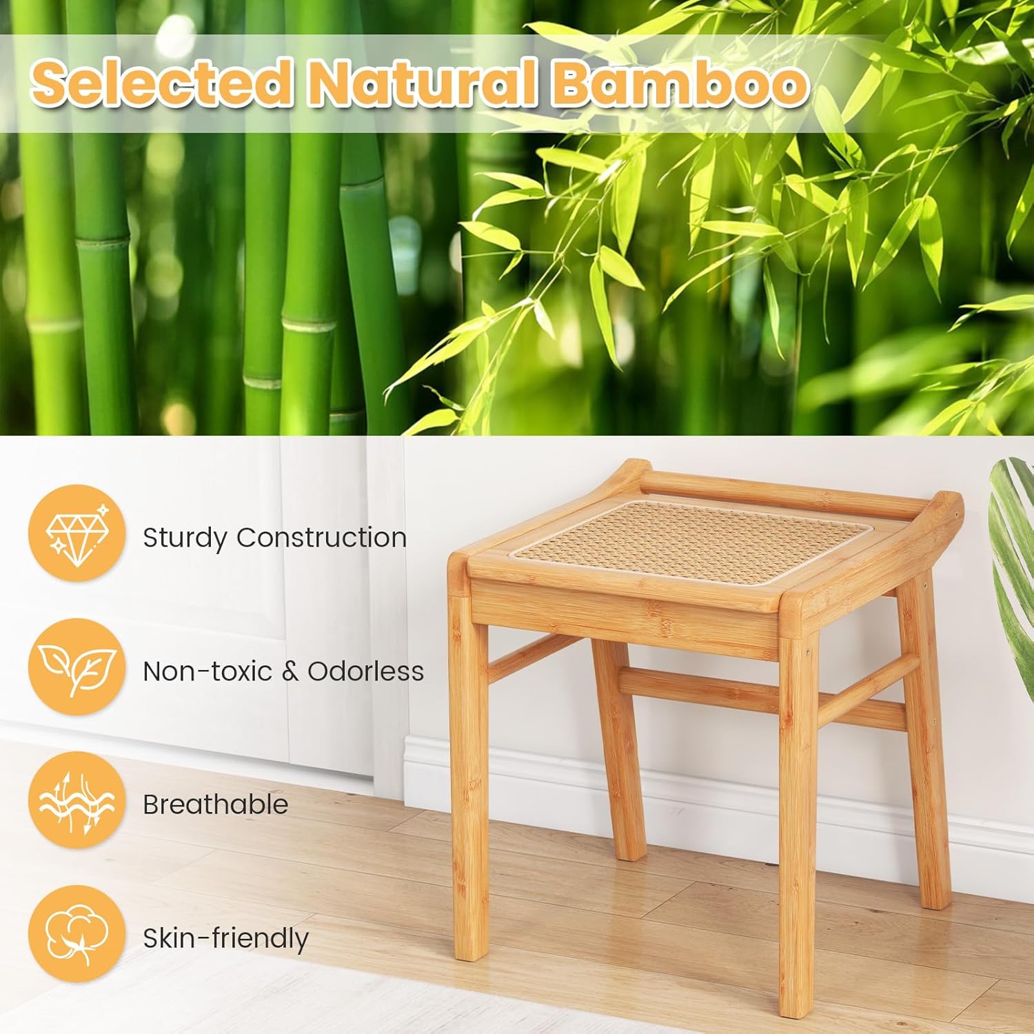 COSTWAY Vanity Desk with Mirror and Stool, Bamboo Makeup Vanity Set with 2 Drawers, Tabletop Storage Compartment and Clear Tempered Glass Tabletop, Small Bedroom Dressing Table for Adult and Teens