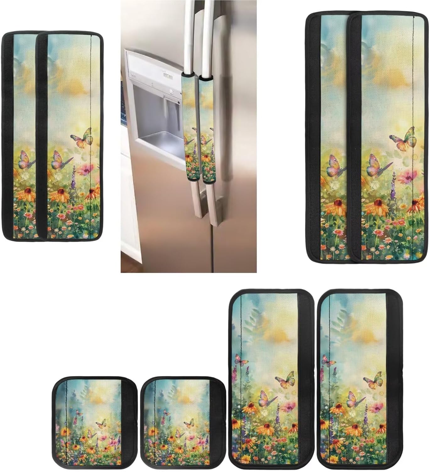 Butterfly Flower Refrigerator Door Handle Covers Set of 6 Washable Antiskid Protector for Fridge Oven Dishwasher Keep Your Kitchen Appliance Clean from Smudges, Food Stains