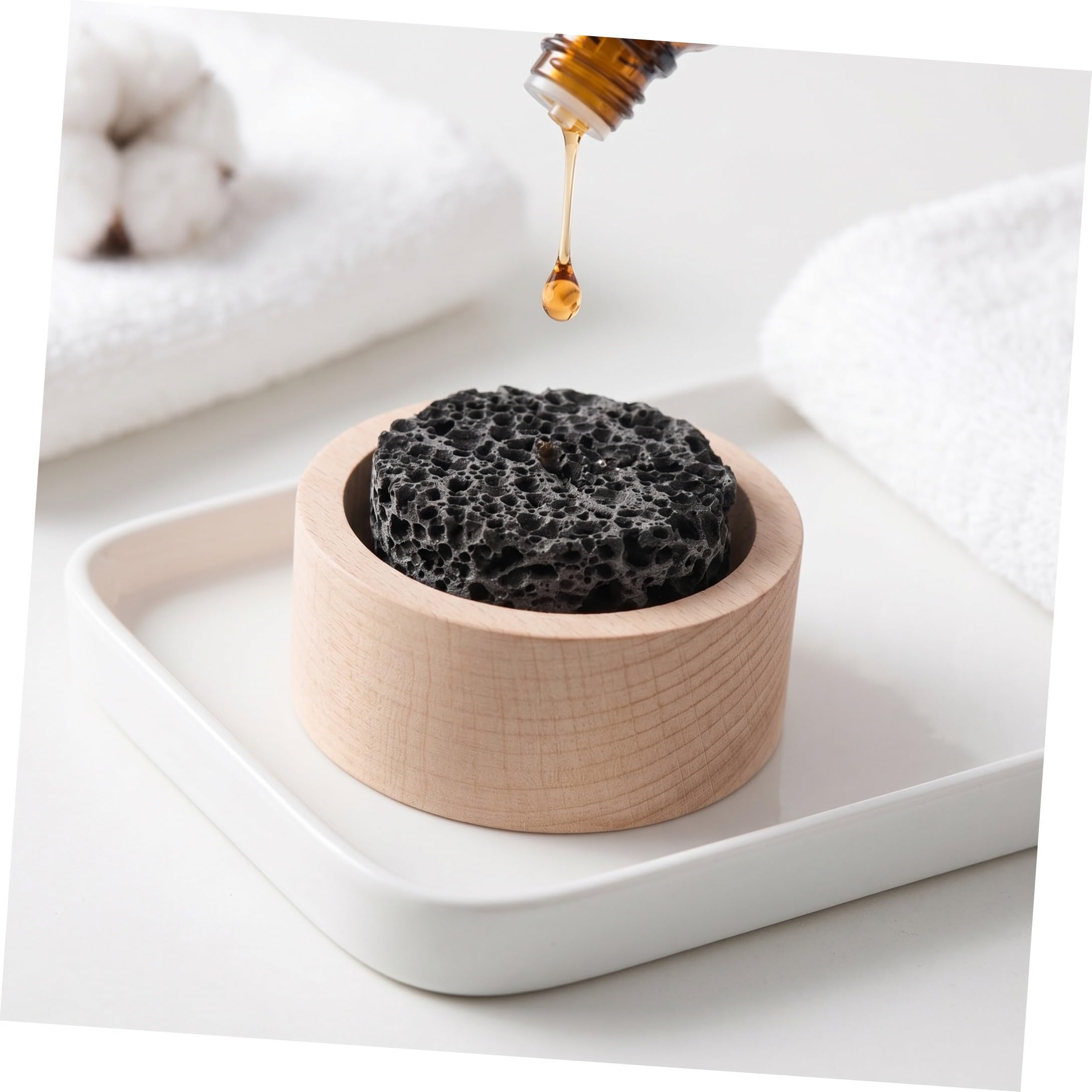 Sewroro 4 Piezas Difusor Pasivo de Piedra Volcánica para Aceites Esenciales, Diseño Redondo de Madera y Piedra Volcánica, Antideslizante, Adecuado para Habitaciones y Hoteles