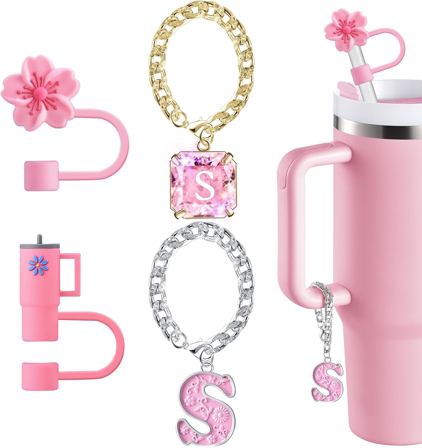 Straw Cover for Stanley Cup Accessories - Unique Crystal Letter Charms for Stanley Cups, Cute Flower & Cup Silicone Straws Topper Covers for 30 & 40 0z Tumbler with Handle, 10mm 0.4in Straw Lid Cap