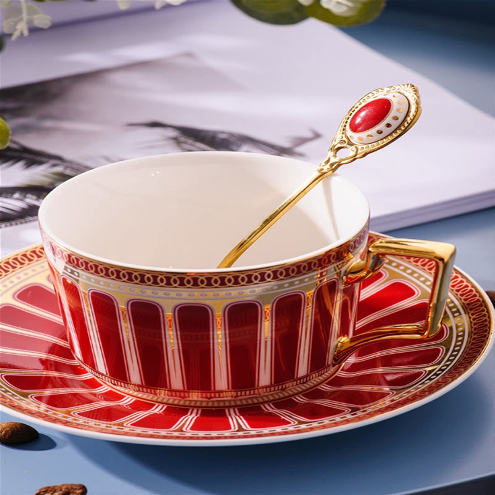 JINGYAN Cucchiaini da caffè Golden Coffee Spoon Retro Small Stainless Steel Ceramic Handle Dessert Afternoon Tea Black Gift(Lotus)
