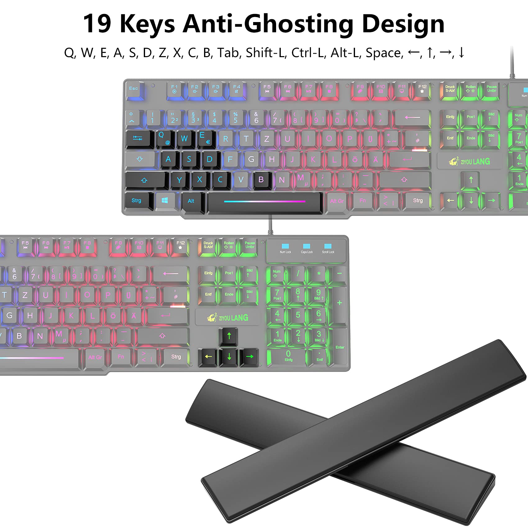 Tastiera e Mouse da Gioco con Poggiapolsi, Layout Tedesco QWERTZ Gaming Tastiera Retroilluminato LED Colore Arcobaleno, Mouse 6 Tasti 2400 DPI e Tappetino per Mouse, USB Cablato per PS4 XBox, Nero