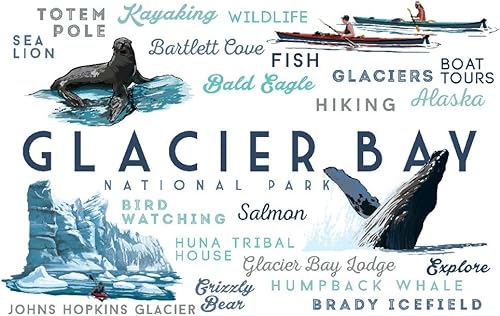 Glacier Bay National Park Alaska tipografía e iconos 36 x 54 pulgadas póster de viaje para decoración de pared