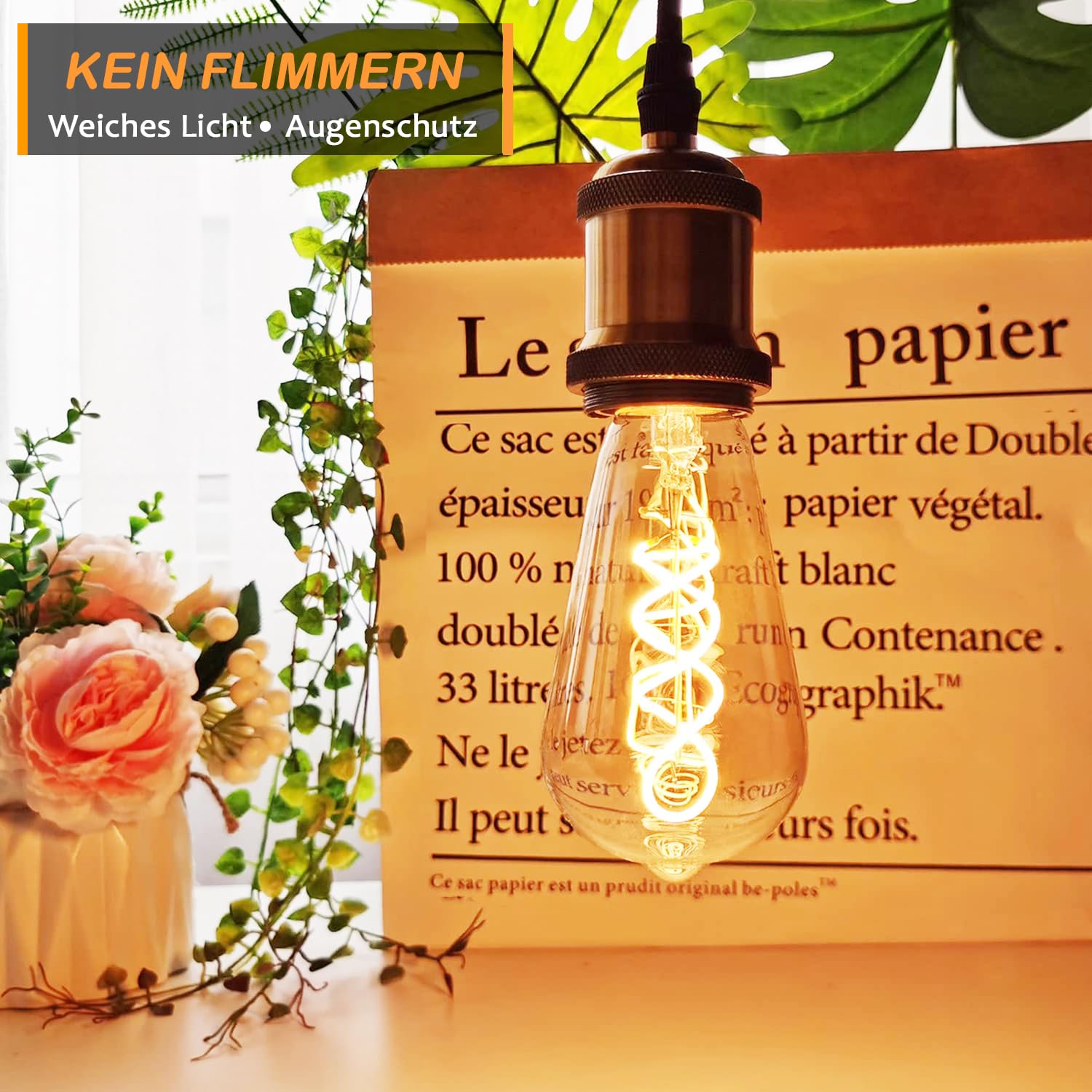 Edison LED Vintage Glühbirne, Dimmbar Glühbirne E27 4W LED Warmweiss, Vintage Edison Dimmbar lampe E27 Ideal für Nostalgie und Retro Beleuchtung - Bernstein - 6 Stück（ST64 HPS）