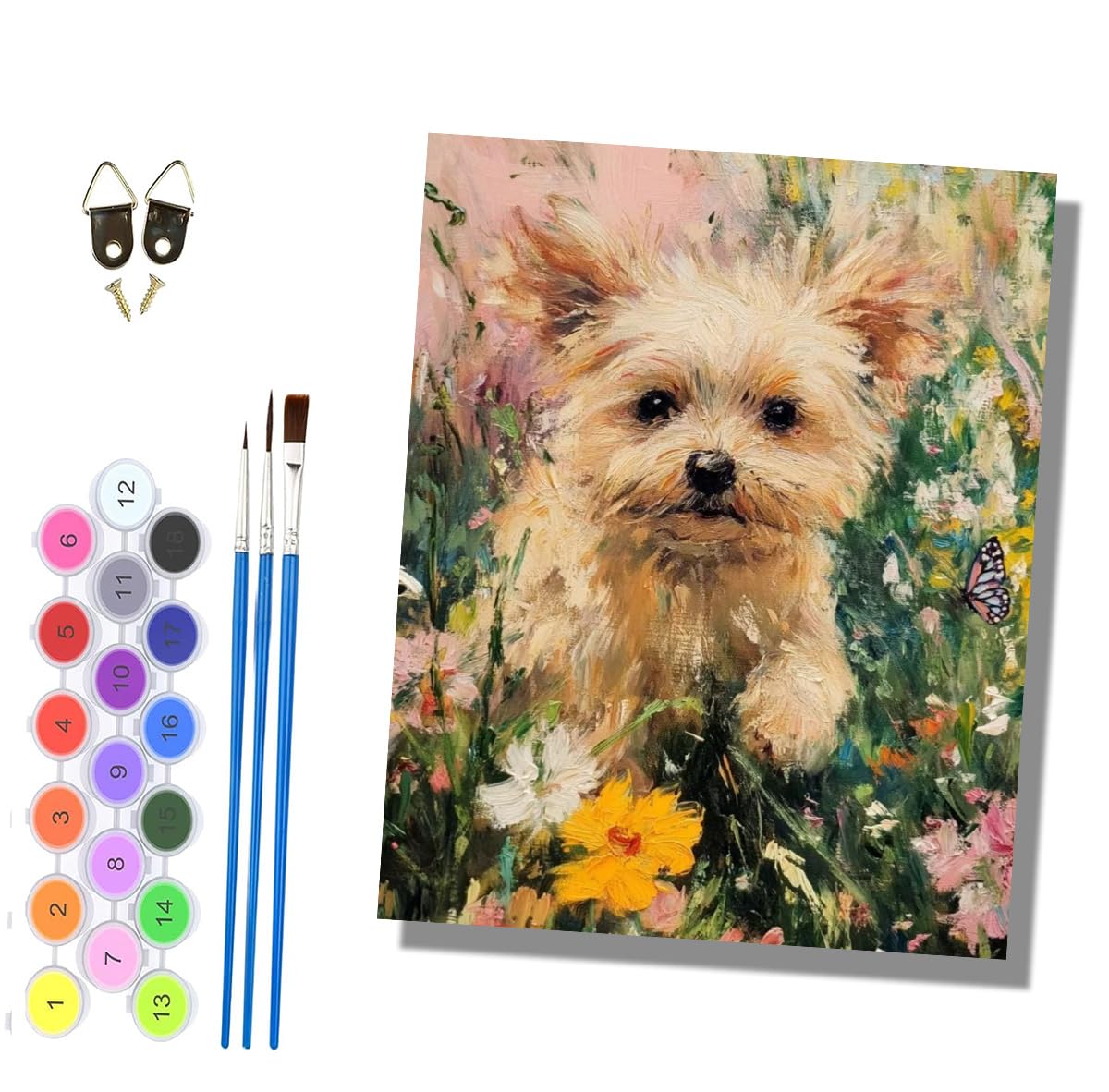 HONGPZH Paint by Numbers for Adults and Beginner Painting by Number Kits On Canvas Without Frame DIY Color Oil Painting Acrylic Paints Home Wall Decor 40x50cm/16x20in Puppy Flower Bed