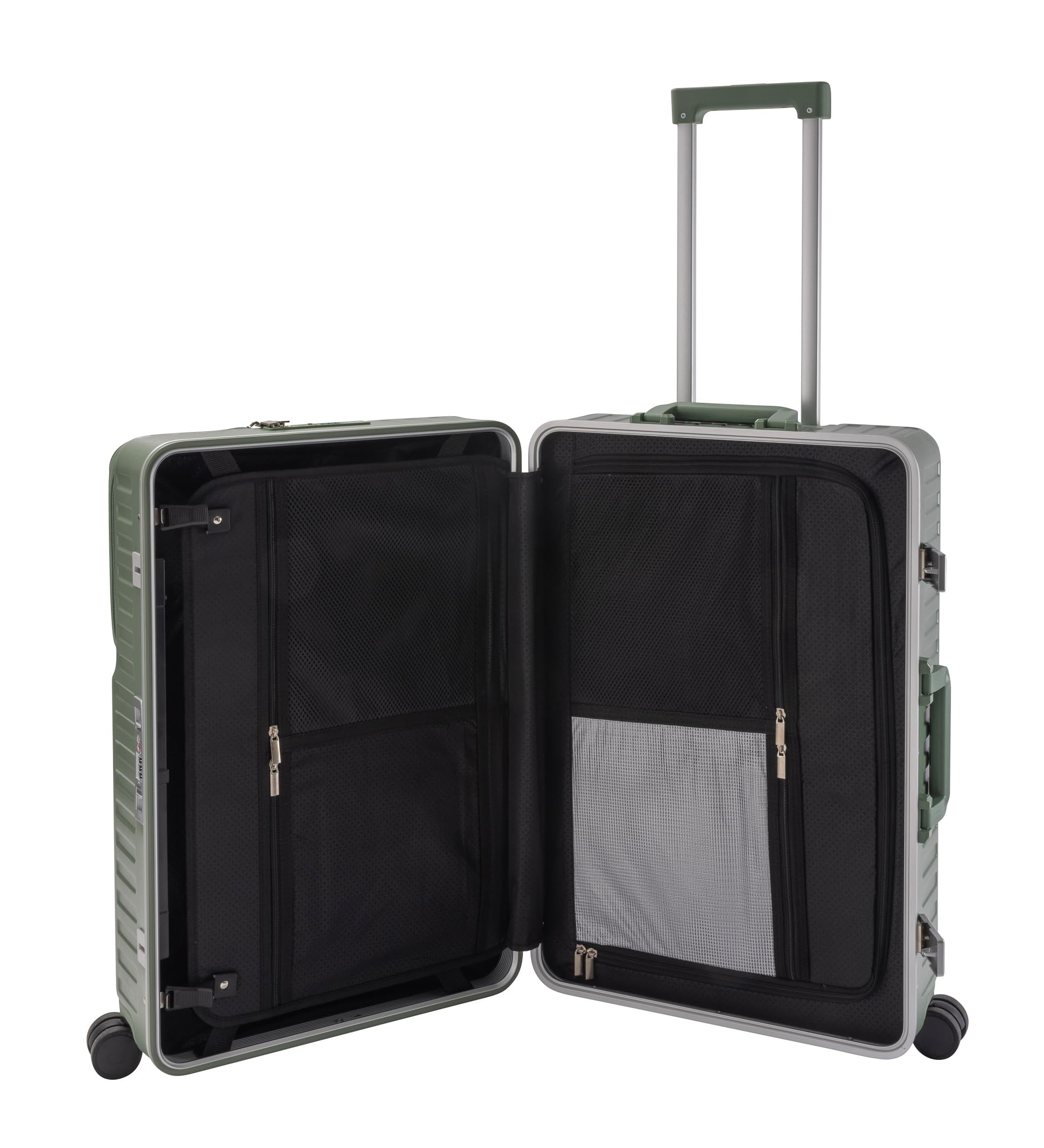 Travelhouse Roma Reisekoffer mit USB & Getränkehalter, Hartschale, Alu-Rahmen, Extrafach, 2xTSA, 65x40x25 cm, Salbeigrün