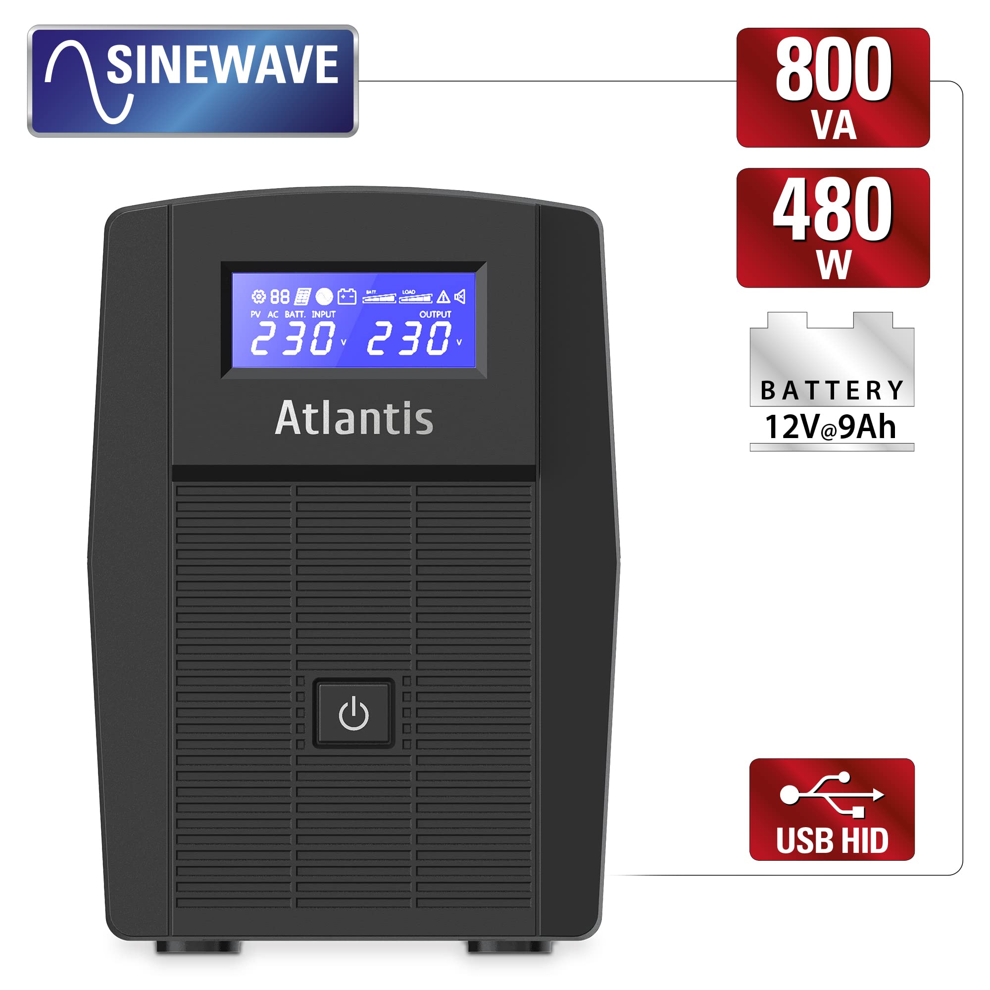 Atlantis A03-HP1003 Gruppo di Continuità Onda Sinusoidale Pura 800VA 480W Line Interactive, display LCD, porta USB-HID, 2 uscite Shuko + cavo alim, 1 batteria 12V-9Ah, protezione RJ45, software gratis