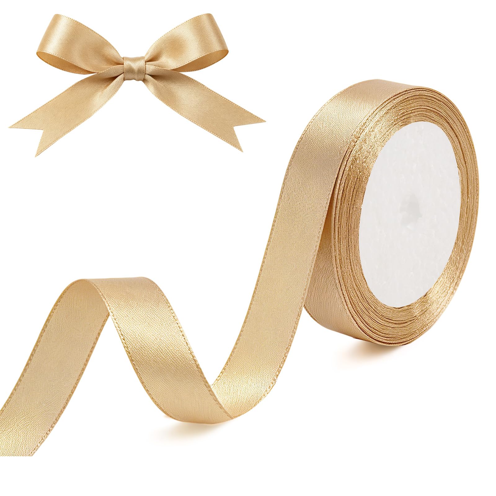 Gold Satin Ribbon, 15mm x 22m, Polyeste Thick Fabric Gift Wrap Ribbon for Craft, Flower Bouquets, DIY Sewing Project, Wedding, Bow Making and Valentines Christmas Decoration