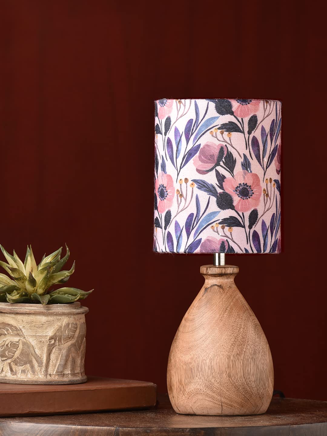Green Girgit Wooden Dome Table Lamp Pink Floral Shade | Night Lamp | Reading Lamp | Home Decor Items | Wooden Bedside Table Lamp | Room Decor | Kids Room Lamp