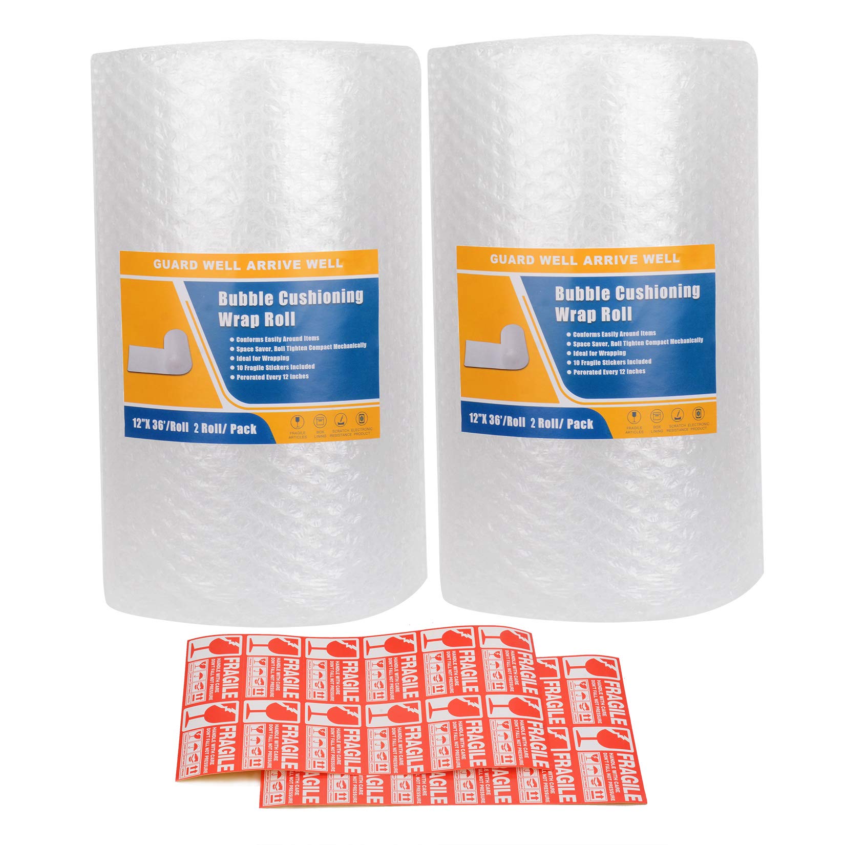 Cymax2 Rolls of Bubble Wrap for Moving House, 300mm x 22m Total, Small Bubblewrap Air Bubble for Packing Shipping Posting, Perforated Every 30cm, 20 Fragile Stickers Included