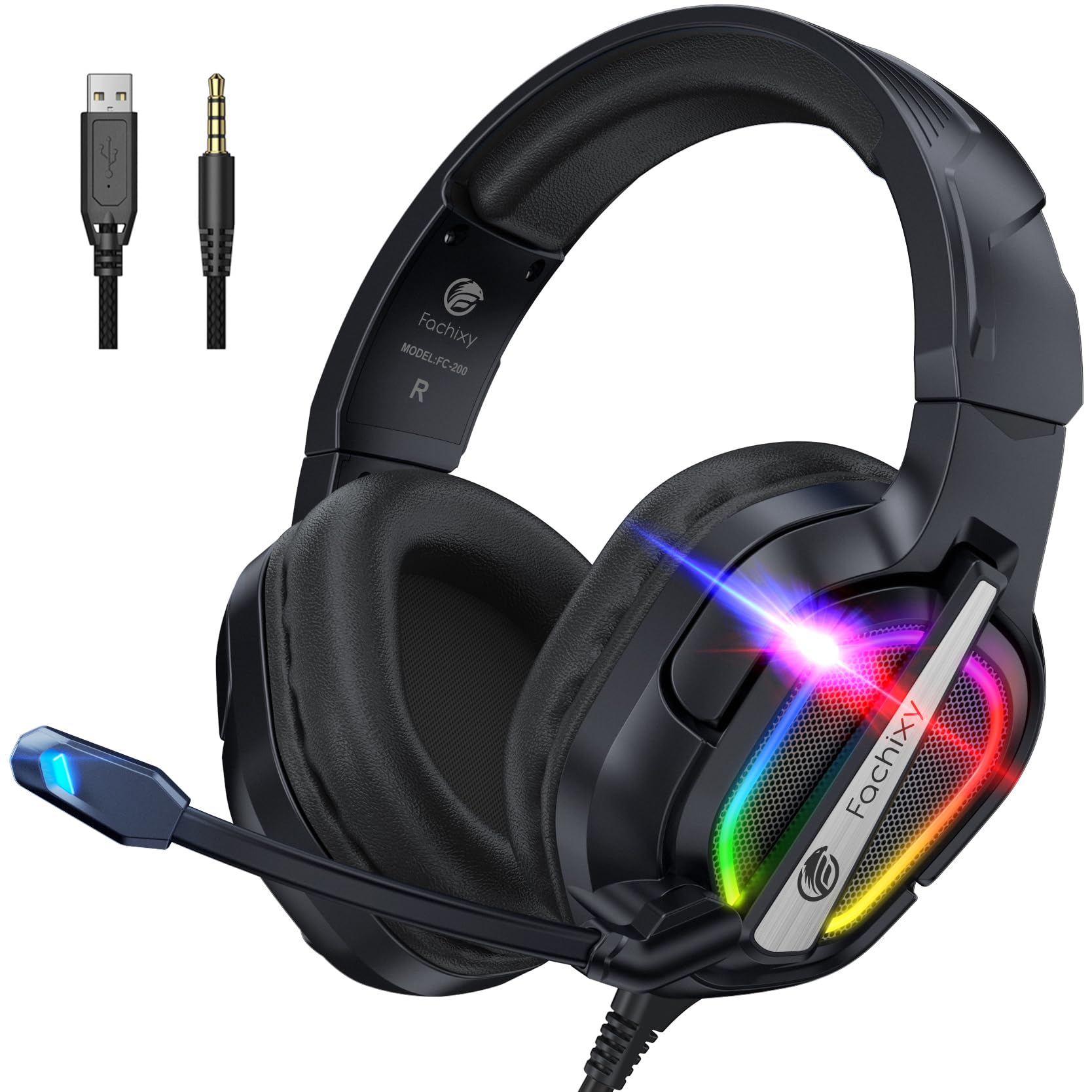 Fachixy FC200 Gaming Headset for PS5, PS4, PC, Xbox One, Switch, Noise Cancelling Gaming Headphones, Headphones with Microphone Stereo Sound, PS5 Headset with 3.5 mm Jack with RGB Light (Black Stone)