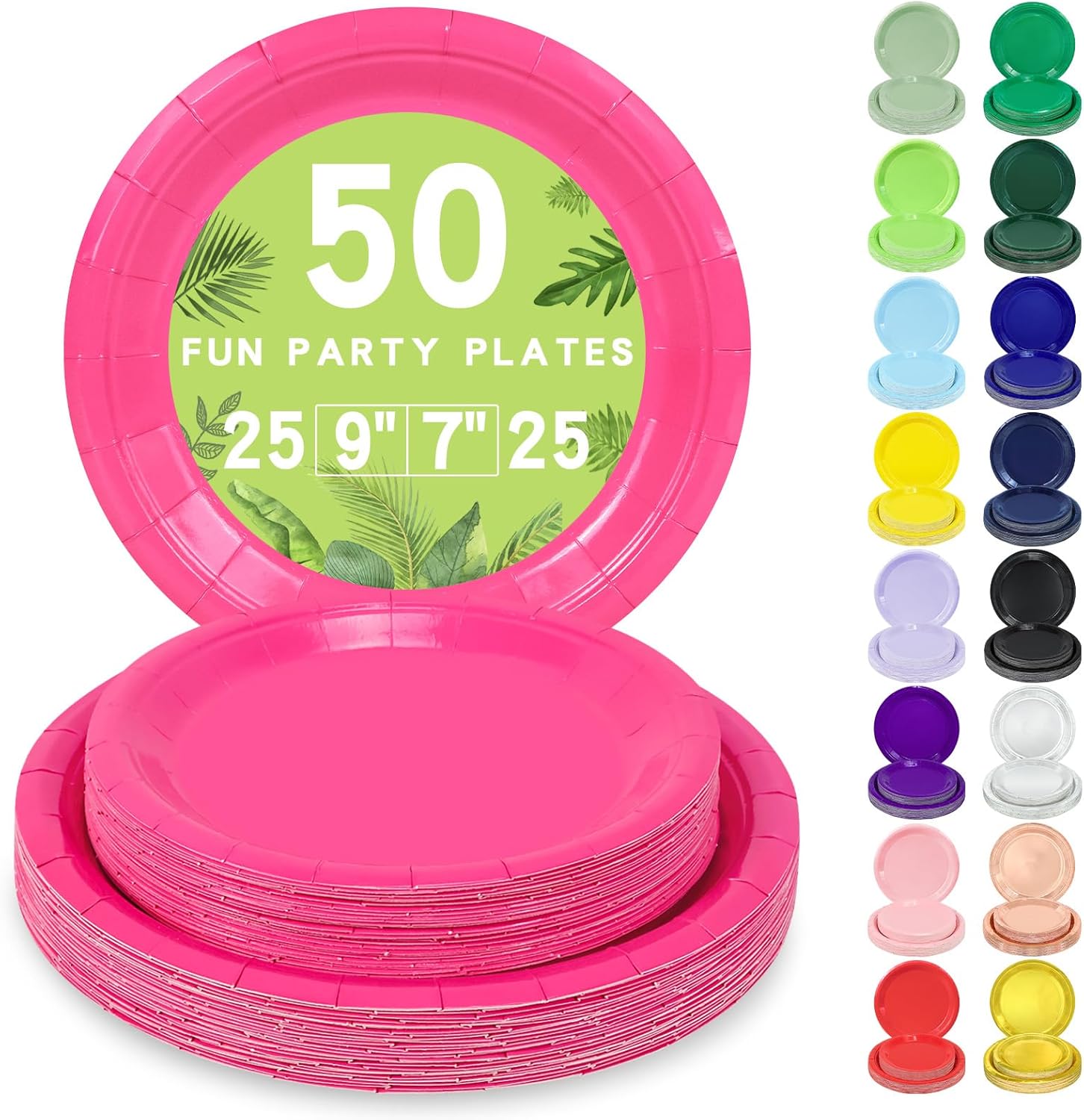 LANLISA 50 Pcs Hot Pink Paper Plates Disposable, 25-9" & 25-7" Disposable Birthday Cake Dessert Plates For Valentines Day, Baby Shower, Mothers Day Party Supplies