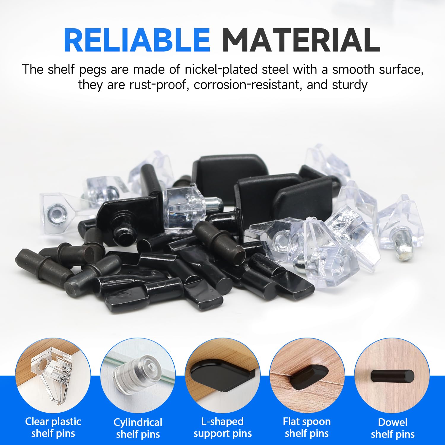 121PCS Black Cabinet Shelf Support Pegs Kit 5 Styles Pins for Wood Shelving Nickel Plated Shelf Holders Peg for Shelves 5mm 6.35mm (1/5inch 1/4inch) YY029-Kit-B — Amazon image 3