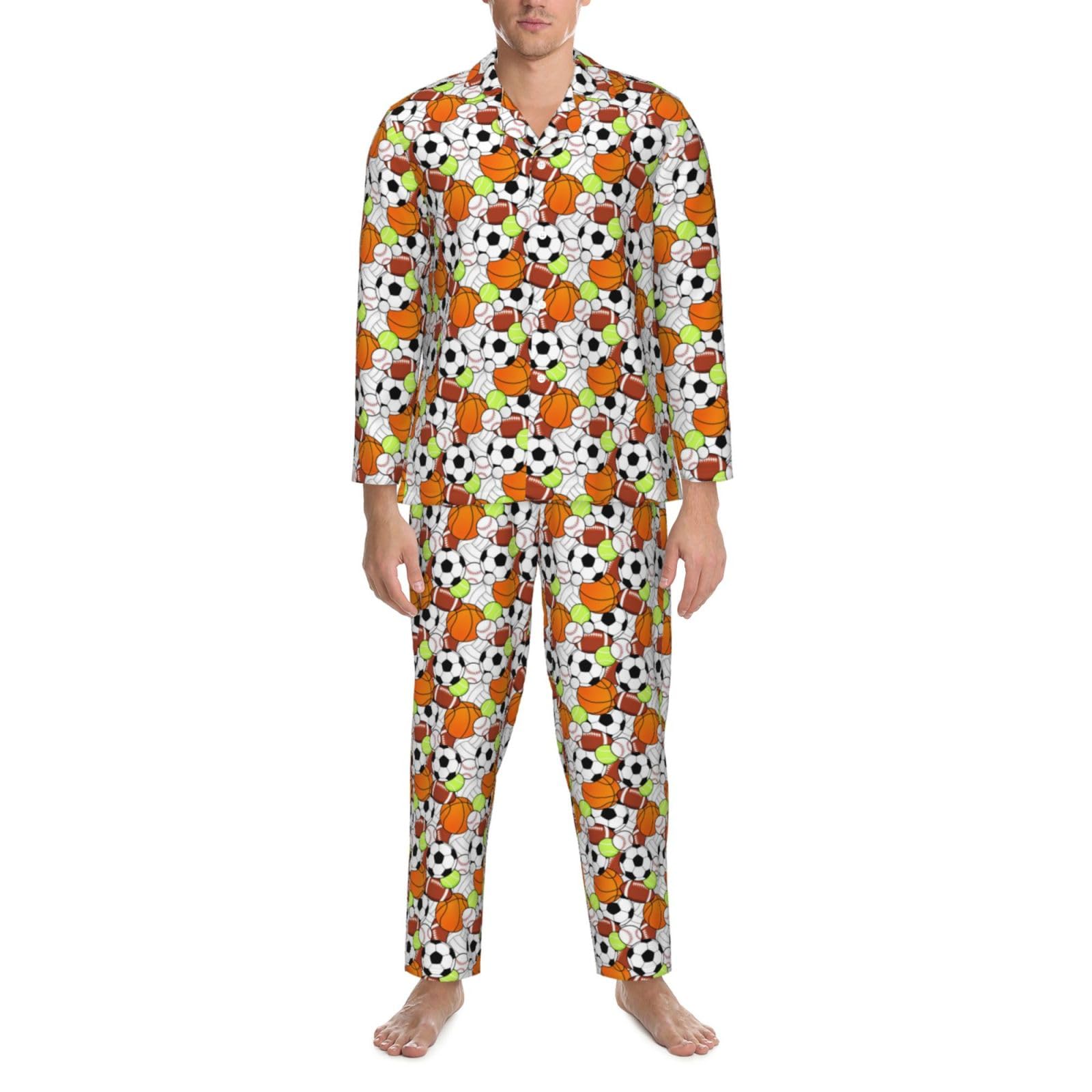 Conjunto de pijama de manga larga para hombre con estampado de pelota deportiva, ropa de dormir de dos piezas