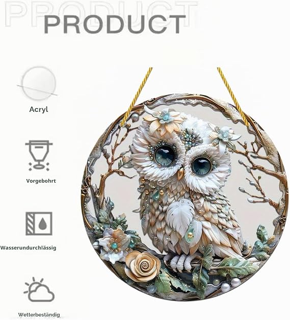 2D Hanging Window Decoration Owl in Stained Glass Look Colourful Acrylic Suncatcher with Chain Decorative Pendant for Indoor and Outdoor Use (Garden Balcony Window)