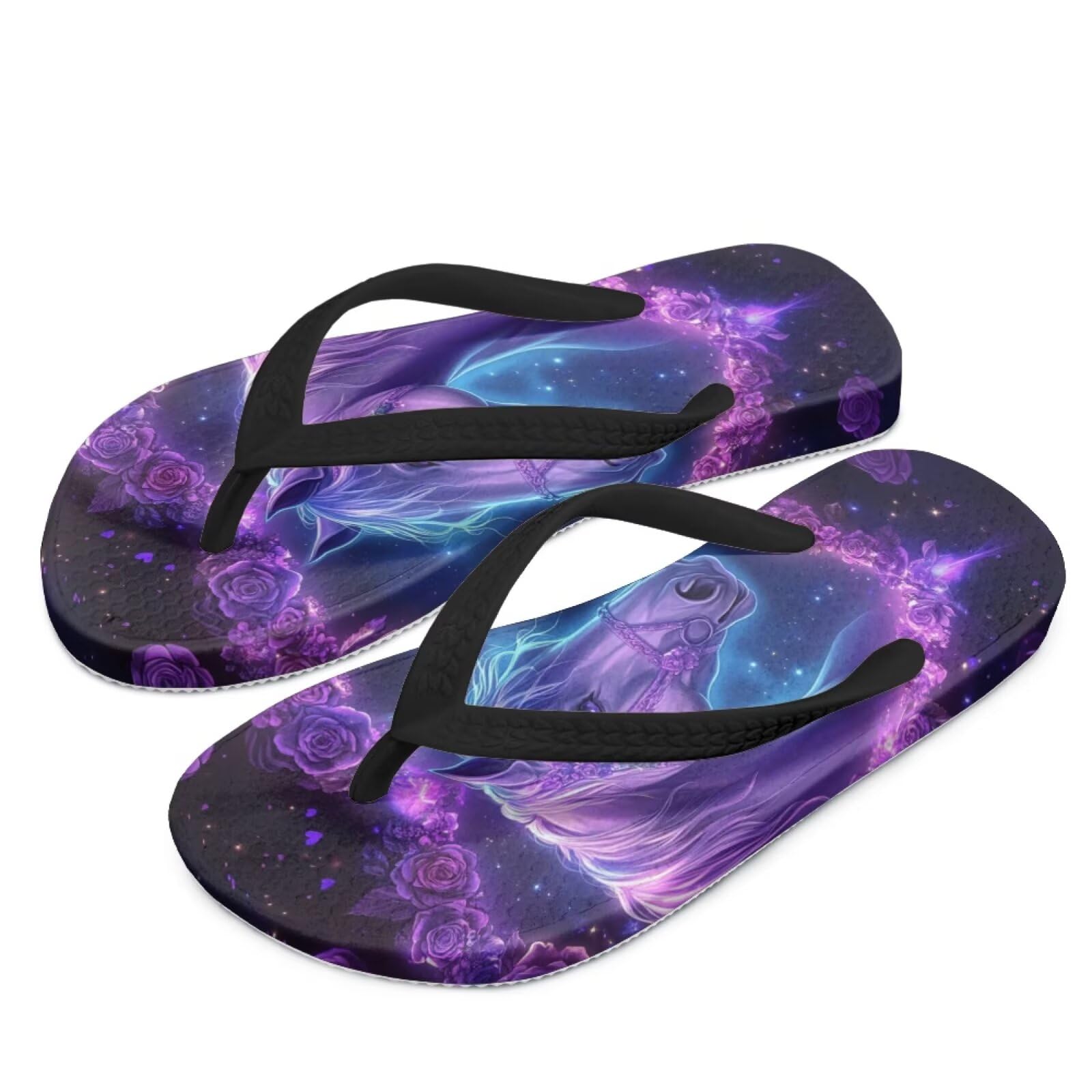 Watdotory Boy Flips Flops for Kids Purple Horse&Rose Print Child Slip-on Thong Sandals Kid Boys Slides Water Shoes for Beach Swim Pool Size 3
