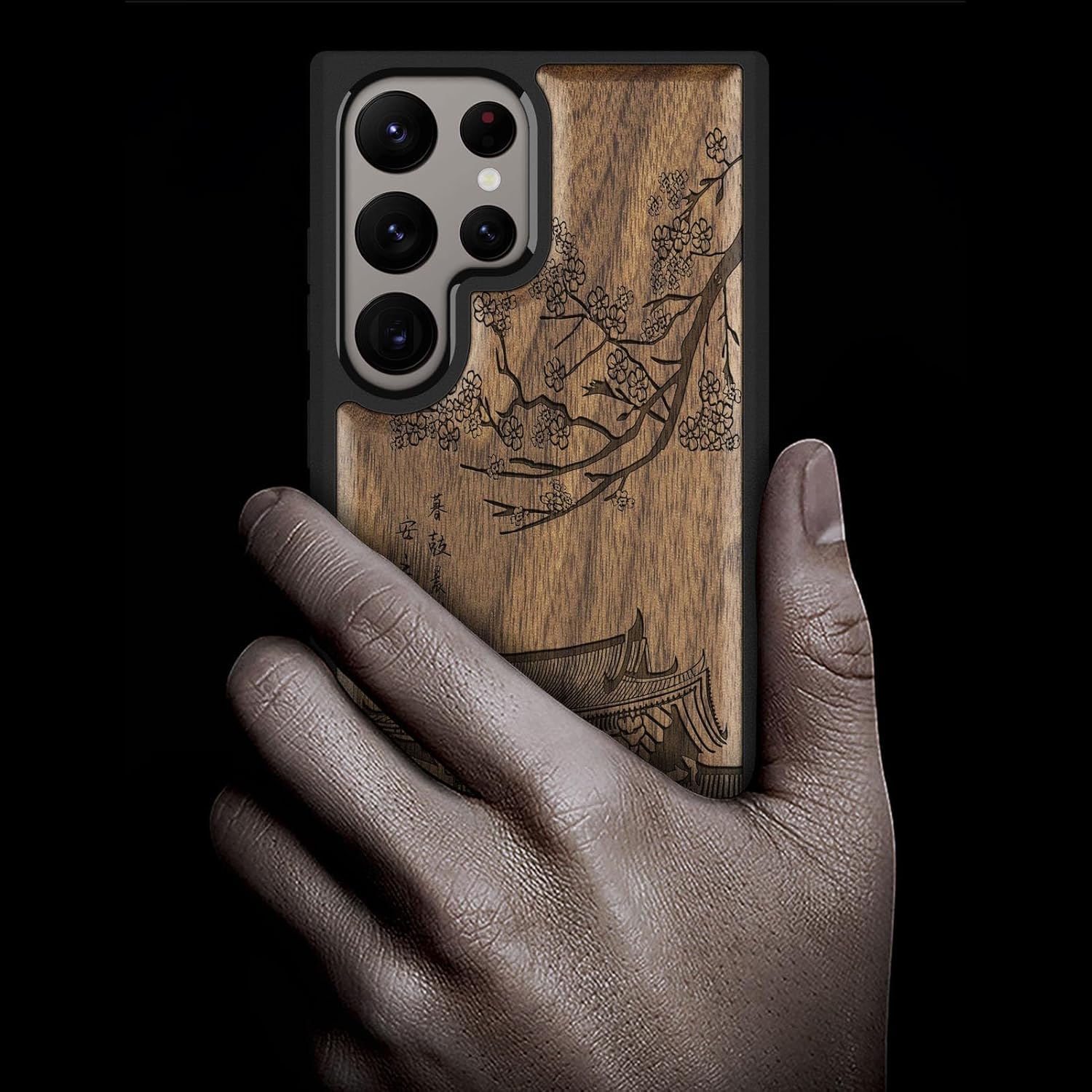 Carveit Wood Case for Galaxy S24 Ultra [Natural Wood & Black Soft TPU] Shockproof Protective Cover Unique Wooden Design Compatible with Samsung S24 Ultra (Traditional Temple-Walnut)