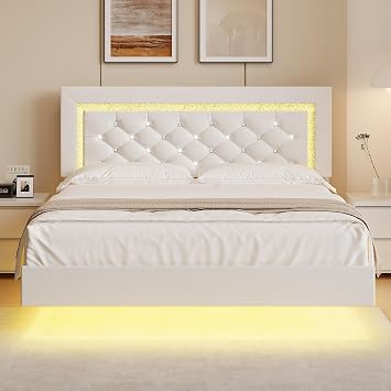 BarnFurin Full Size Floating Bed Frame with LED Lights, Upholstered Platform Bed Frame with Headboard, Noise Free, No Box Spring Needed, Easy Assembly, White