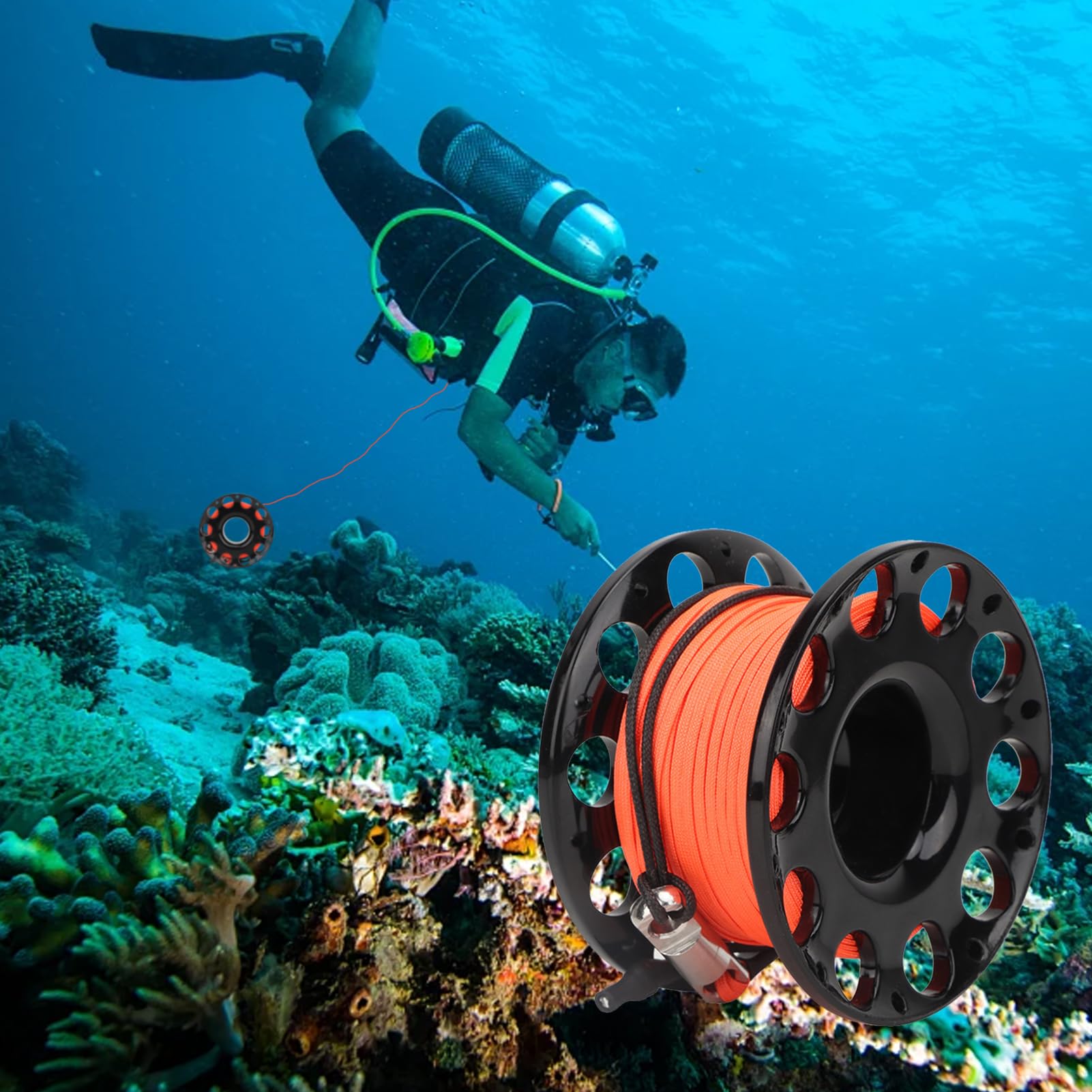 Mulinello da Immersione, 30 m Bobina di plastica, Adatto per attività subacquee all'aperto (Ruota Nera)