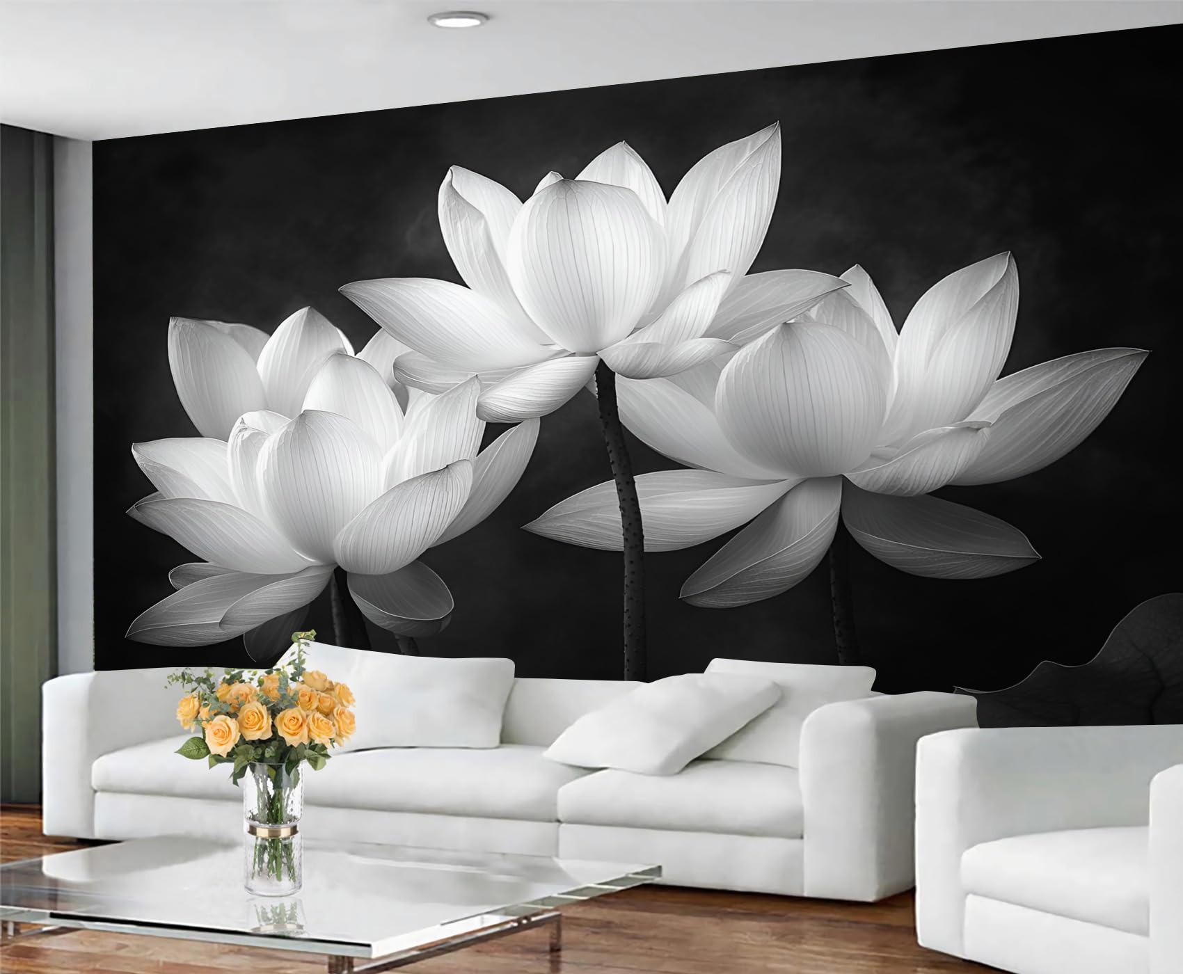 GIVLWF Wallpaper - Lotus Home Decor & Mural, Gray Flowers Bedroom Wallpaper, Oriental Florals Wall Paper for Living Room, Large Wall Mural (Not Self-Adhesive)