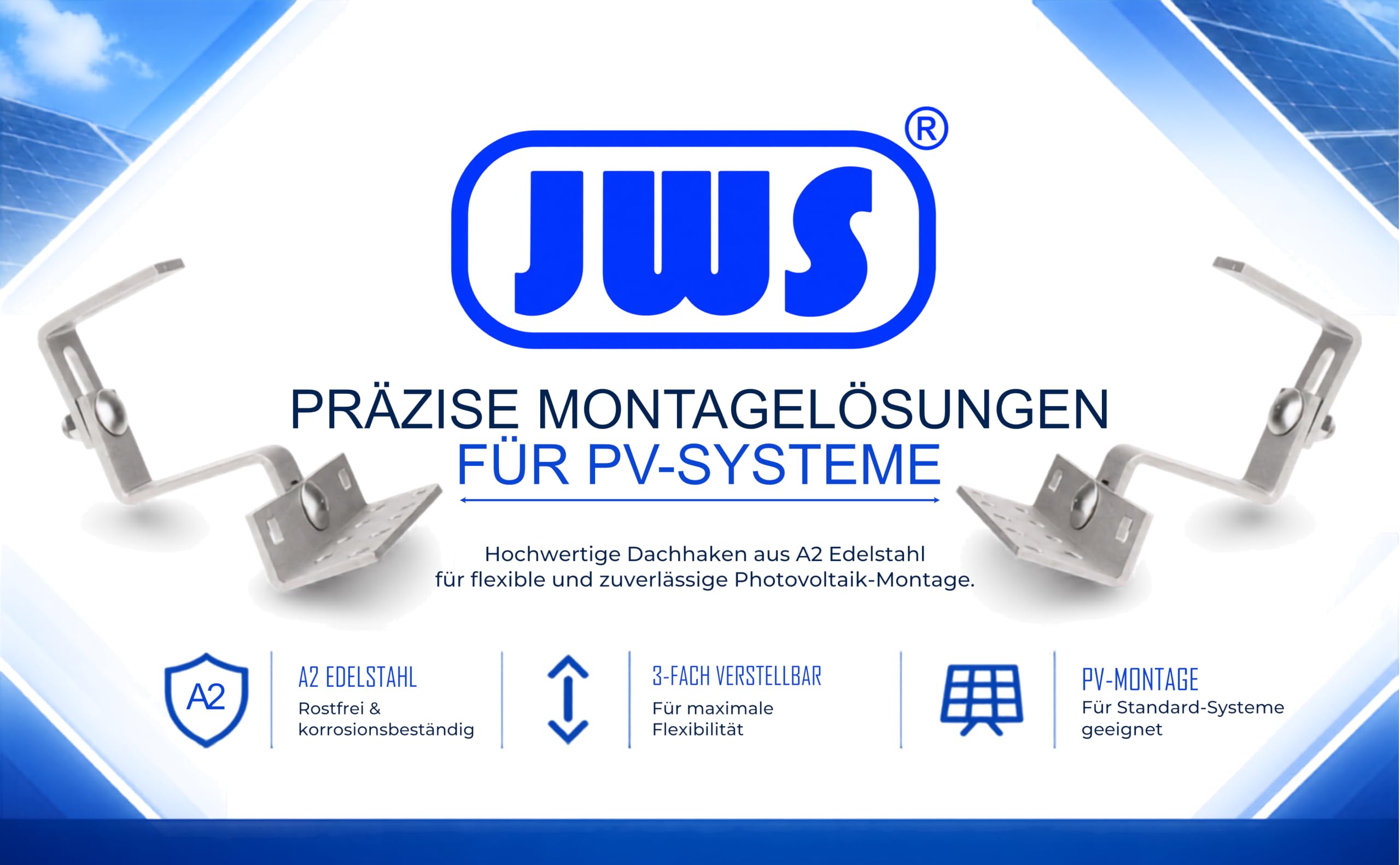 JWS Dachhaken Edelstahl A2 – 10er Set verstellbar für Solaranlagen – PV-Montage auf Ziegel-/Pfannendach – rostfrei & wetterfest – Photovoltaik Befestigung