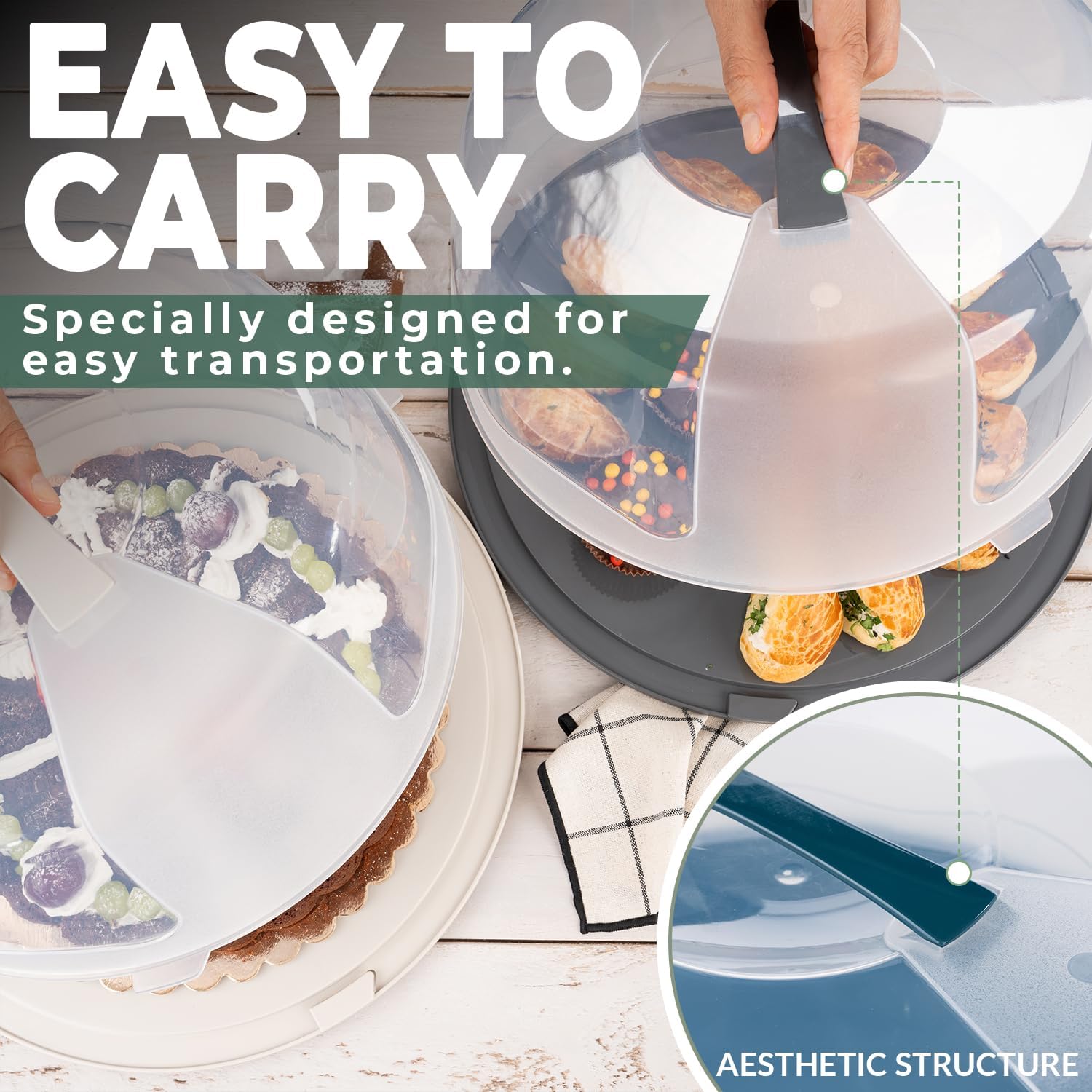 13 Inch Cake Carrier with Locking Lid and Handle, Stylish Big Round Container for Kitchen Storage, BPA Free Stand, Plastic Holder for Transporting, Donuts, Cupcakes, Pies (Gray, Set of 1) - Image 7